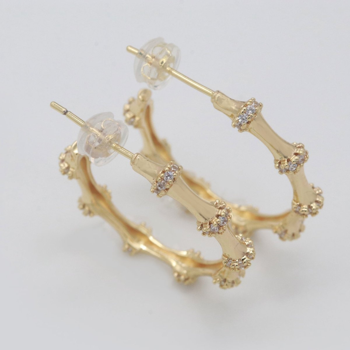 Gold Earrings, Cz Hoops Earring, Dainty Earrings, Chunky Bamboo Earrings, Everyday Wear Earrings, Statement Earring, 25mm Earring T-155 - DLUXCA