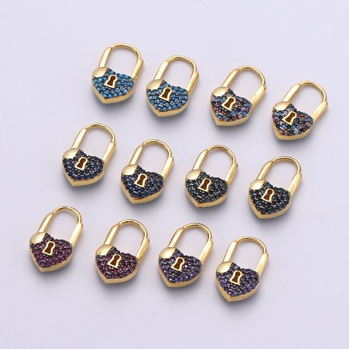 Gold earrings with Cz padlock charm, Heart Lock Charm Gold Mini Hoops Micro Pave Czl Hoops Minimalist and everyday use hoops K-627 - K-632 - DLUXCA