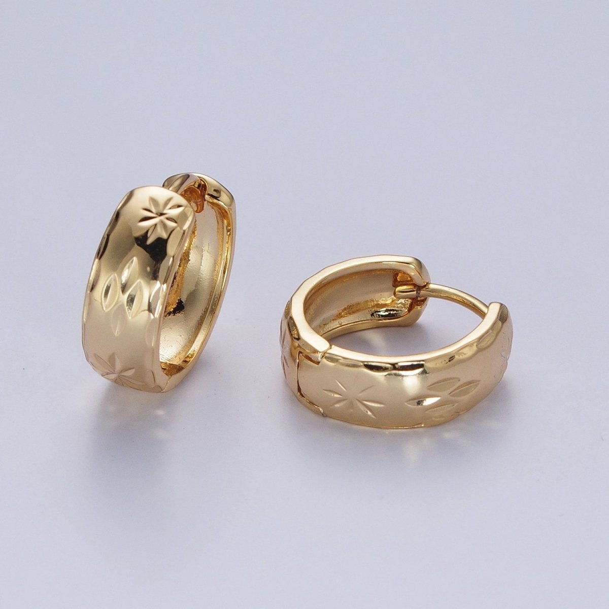 Gold Earrings with Textured North Star Carved Wide Small Huggie Hoop Earrings - X828 - DLUXCA