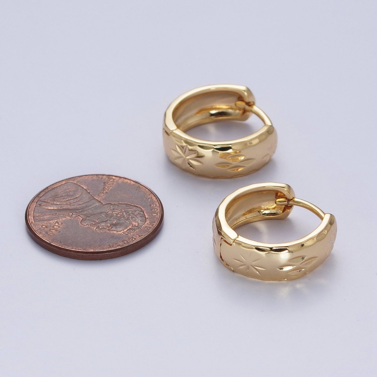 Gold Earrings with Textured North Star Carved Wide Small Huggie Hoop Earrings - X828 - DLUXCA