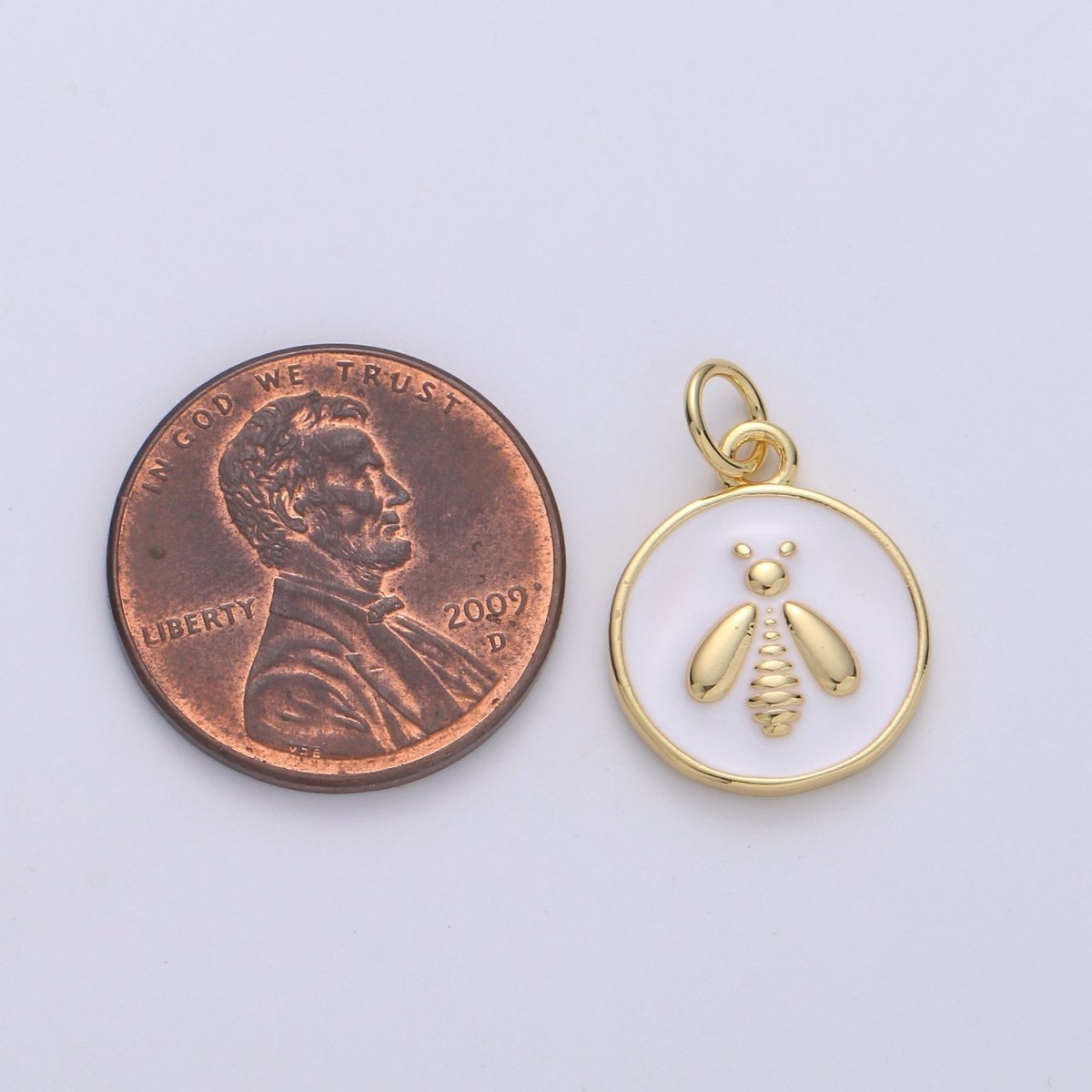 Gold Enamel Bee Charms, White Enamel Bee, Gold Cubic Bee charm in Round DIsc Charm Medallion for Necklace Dainty Bumbell bee charm D-548 - DLUXCA
