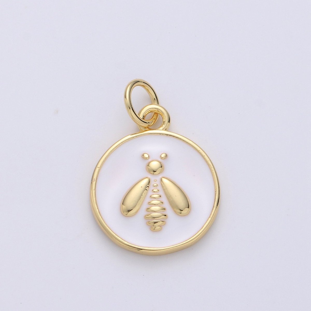 Gold Enamel Bee Charms, White Enamel Bee, Gold Cubic Bee charm in Round DIsc Charm Medallion for Necklace Dainty Bumbell bee charm D-548 - DLUXCA