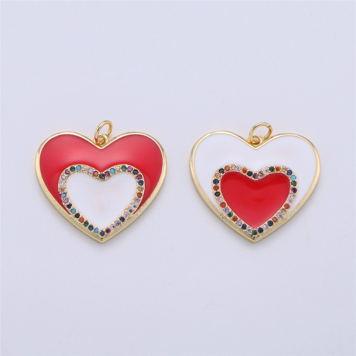 Gold Enamel Colored heart Pendant Red White CZ Micro Pave Oil Drop Heart pendant Enamel Jewelry Supply C-757,C-793 - DLUXCA