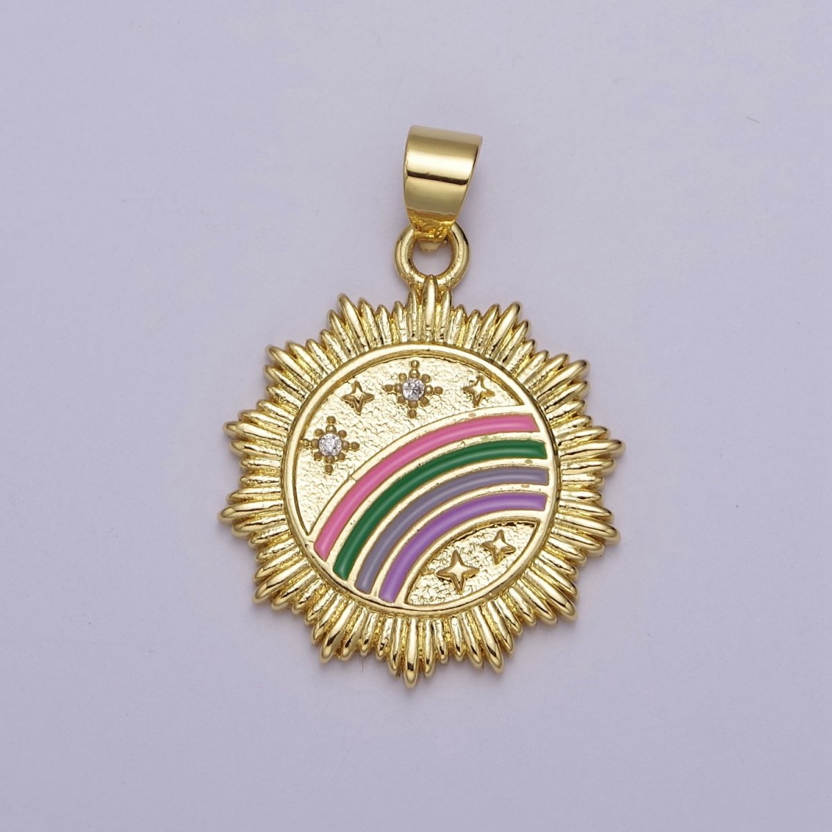 Gold Enamel Rainbow Medallion Pendant with Sunburst Cubic Zirconia Celestial Stars Jewelry For Necklace Earring Making, J-753 - DLUXCA