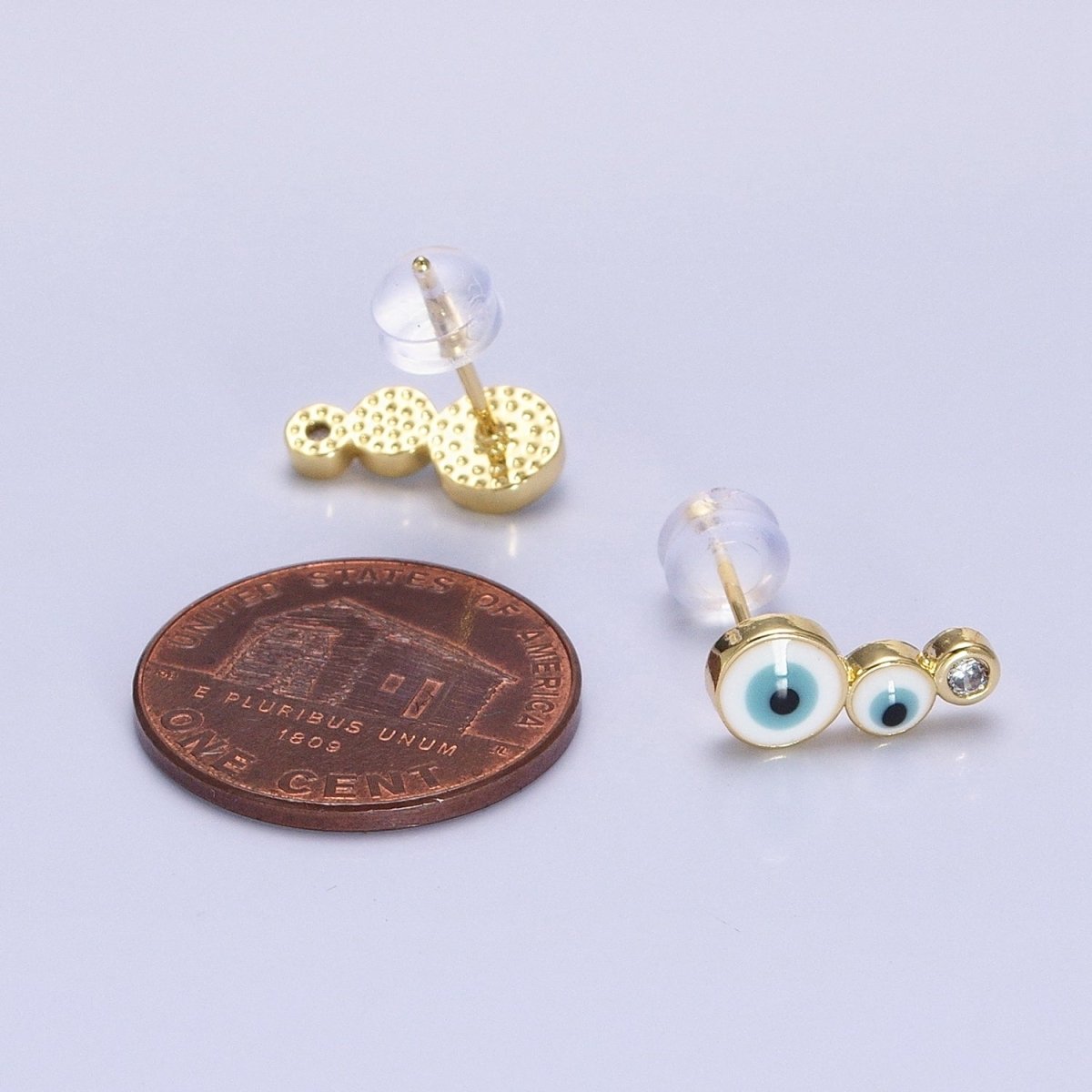 Gold Evil Eye Enamel CZ Triple Bubble Lined Protection Stud Earrings | AB1009 - DLUXCA