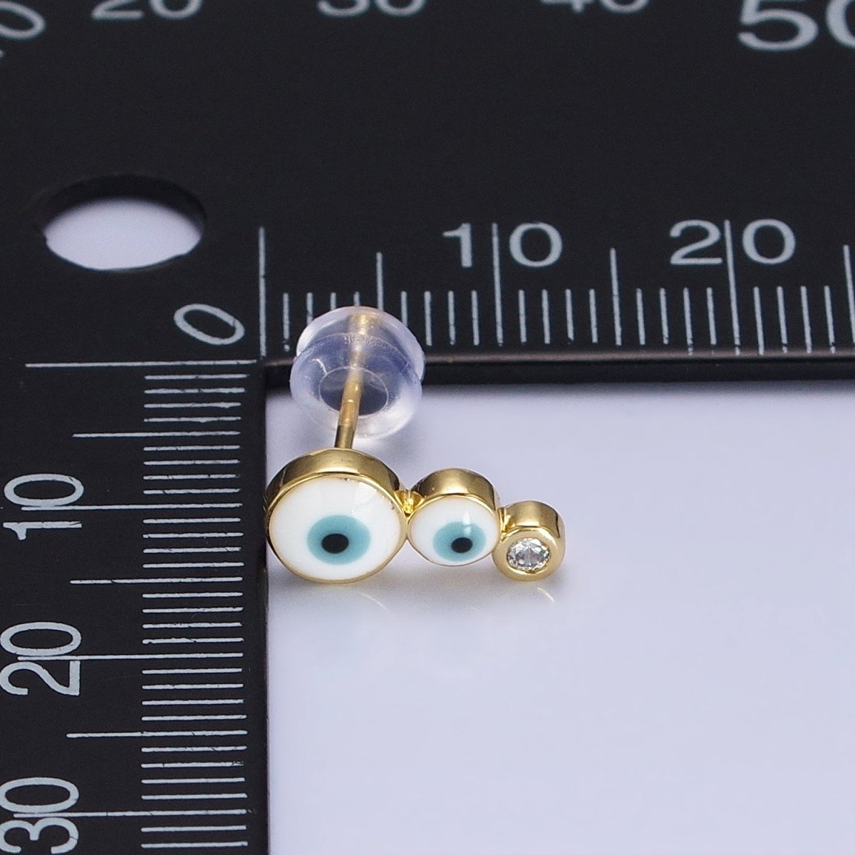 Gold Evil Eye Enamel CZ Triple Bubble Lined Protection Stud Earrings | AB1009 - DLUXCA