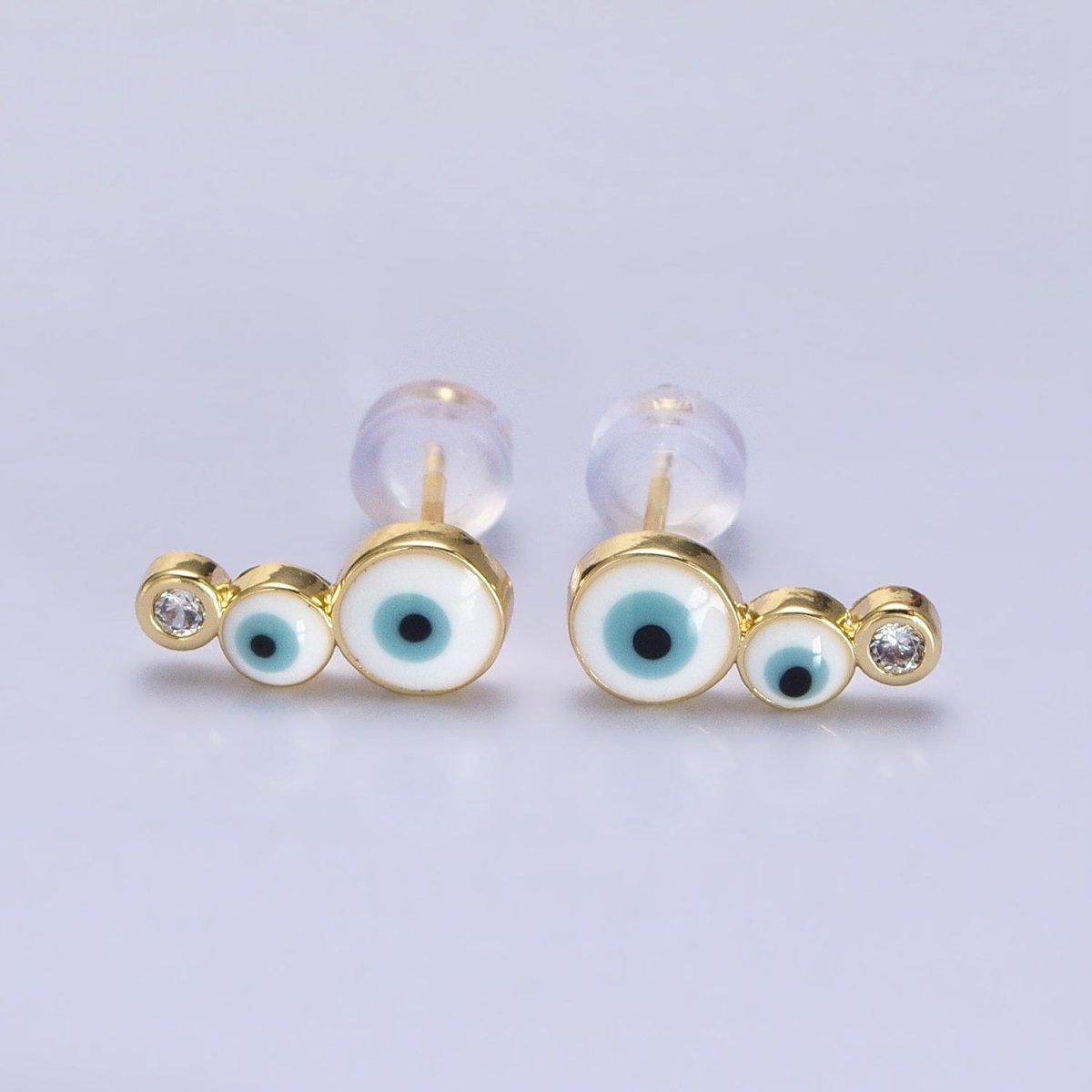 Gold Evil Eye Enamel CZ Triple Bubble Lined Protection Stud Earrings | AB1009 - DLUXCA