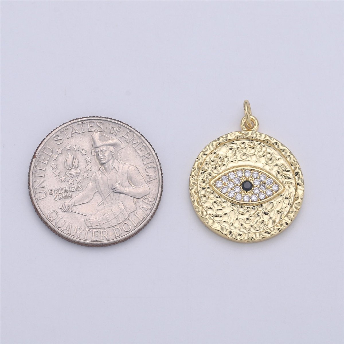 Gold Evil Eye Textured Coin Charm, 27mmX21mm Micro Pave Coin Charm CZ Coin, Eye of Ra Drop Pendant, Rugged Coin Medallion Charm, C-913 - DLUXCA