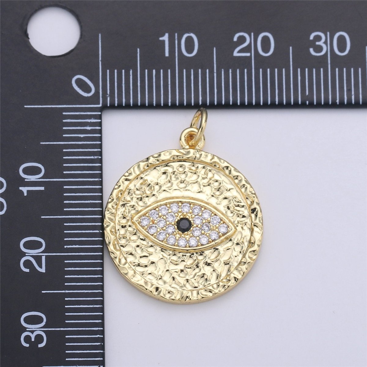 Gold Evil Eye Textured Coin Charm, 27mmX21mm Micro Pave Coin Charm CZ Coin, Eye of Ra Drop Pendant, Rugged Coin Medallion Charm, C-913 - DLUXCA