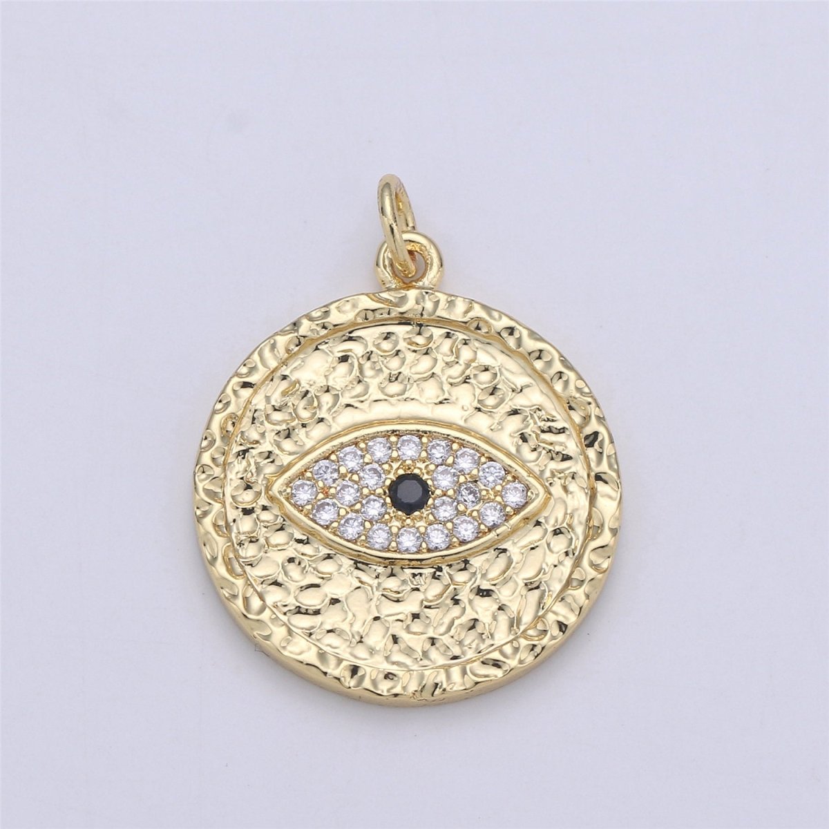 Gold Evil Eye Textured Coin Charm, 27mmX21mm Micro Pave Coin Charm CZ Coin, Eye of Ra Drop Pendant, Rugged Coin Medallion Charm, C-913 - DLUXCA