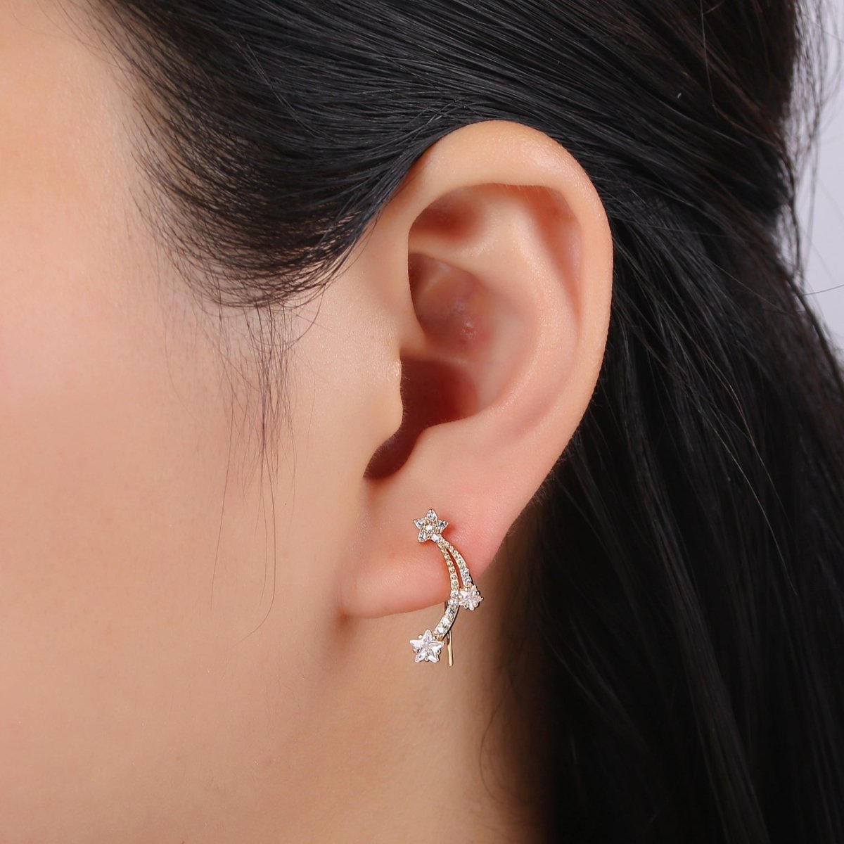 Gold Falling Stars French Hook Earrings CZ Ear Climber Daily Wear Micro Pave Earring Jewelry P-008 - DLUXCA