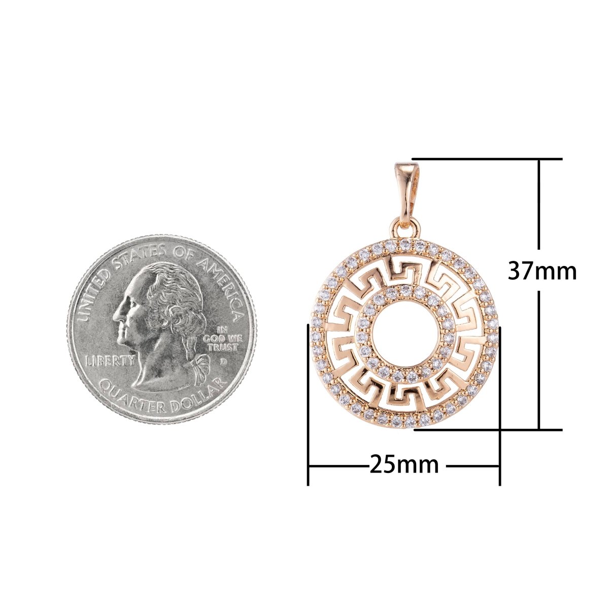 Gold Fill Round Circle Geometric Pattern, Classy Gift for Her, Elegant, Cubic Zirconia Necklace Pendant Charm Bead Bails Findings for Jewelry Making H-708 - DLUXCA