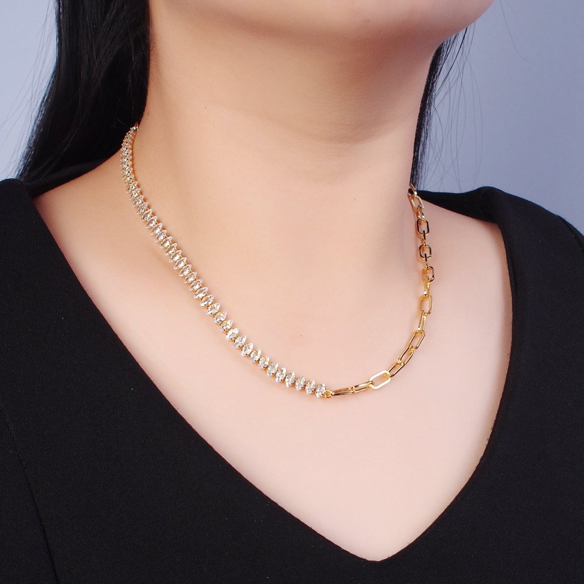 Gold Filled 16 Inch Half Clear CZ Marquise Tennis Chain, Half Paperclip Chain Necklace in Gold & Silver Color | WA-957 WA-958 Clearance Pricing - DLUXCA