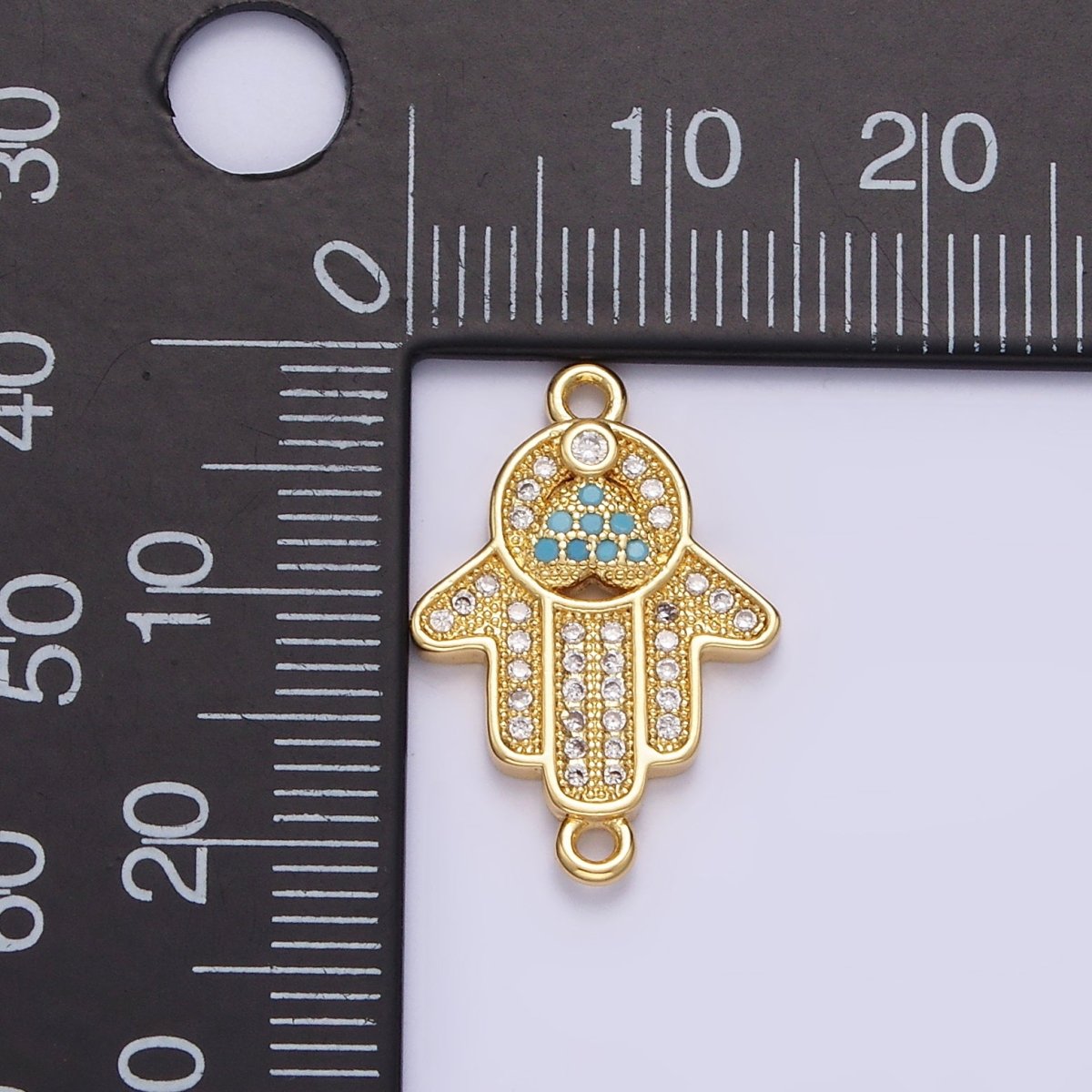 Gold Filled 21mm Turquoise Clear Micro Paved CZ Hamsa Hand Connector G-661 - DLUXCA