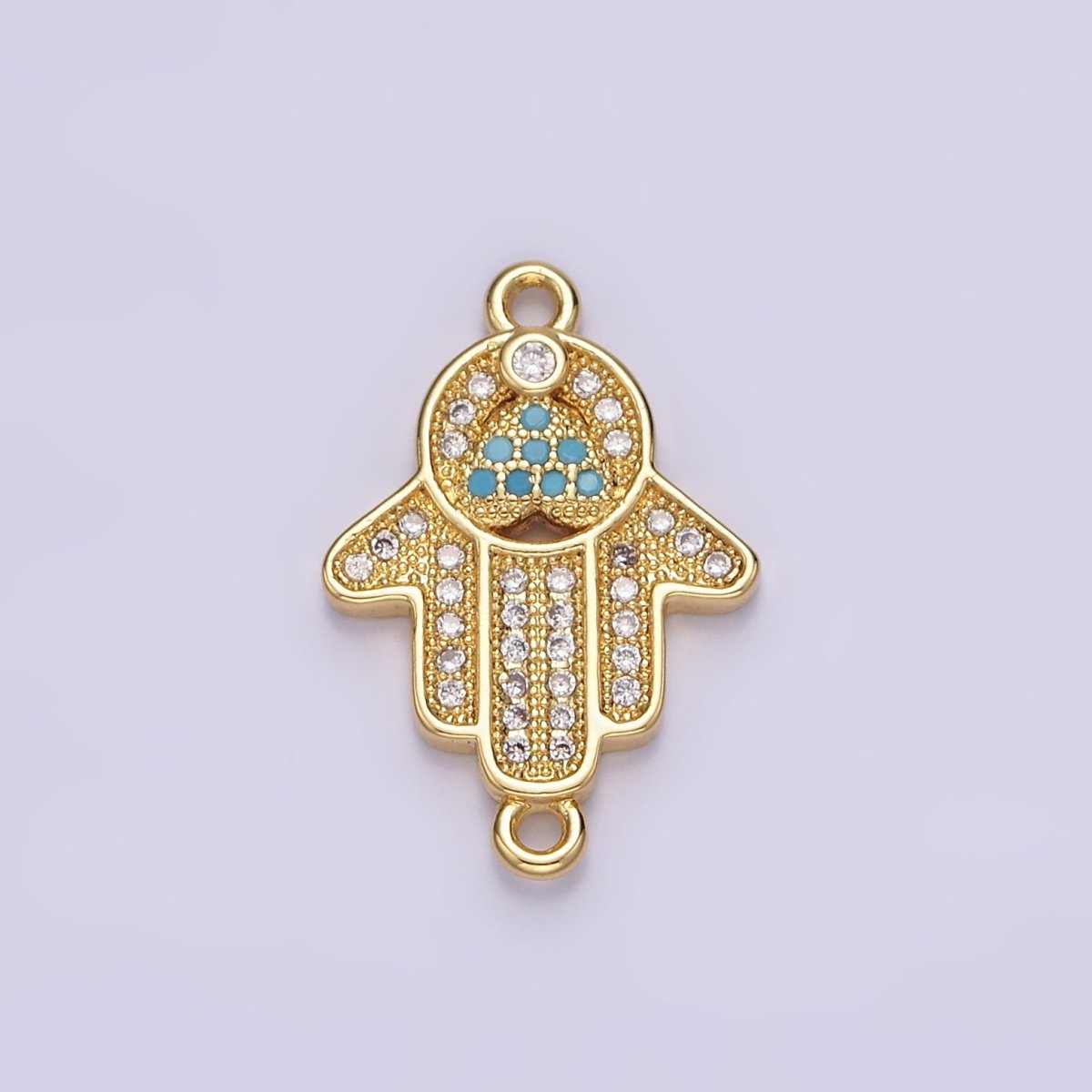 Gold Filled 21mm Turquoise Clear Micro Paved CZ Hamsa Hand Connector G-661 - DLUXCA