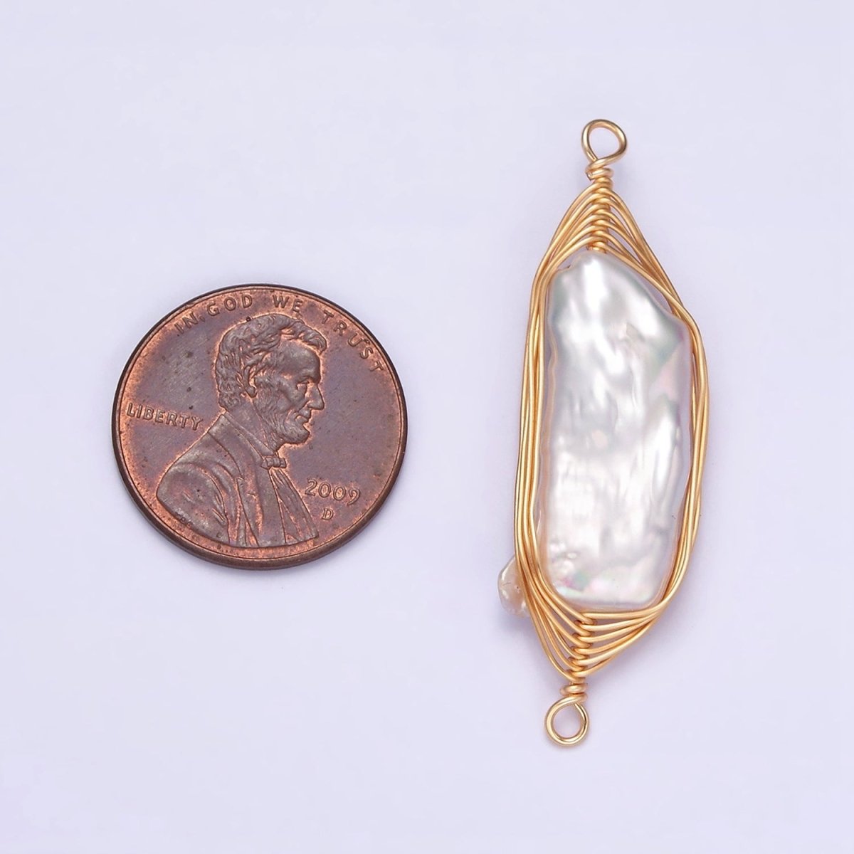 Gold Filled 41.5mm White Baroque Freshwater Pearl Wire Wrapped Connector G-662 - DLUXCA