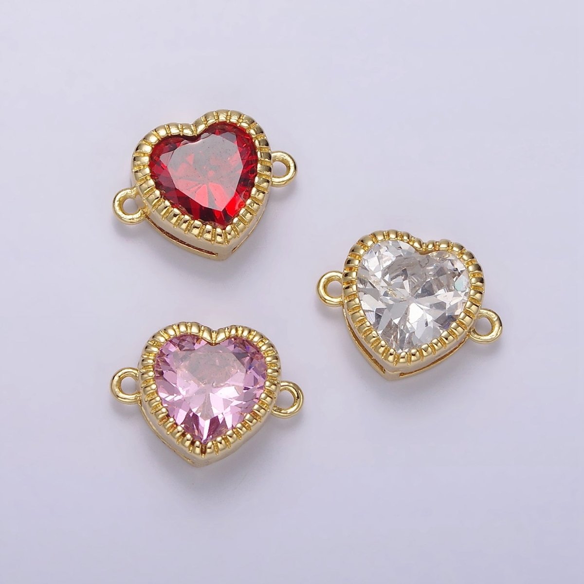 Gold Filled 9.5mm Red, Pink, Clear CZ Heart Line-Textured Connector G-717 - G-719 - DLUXCA