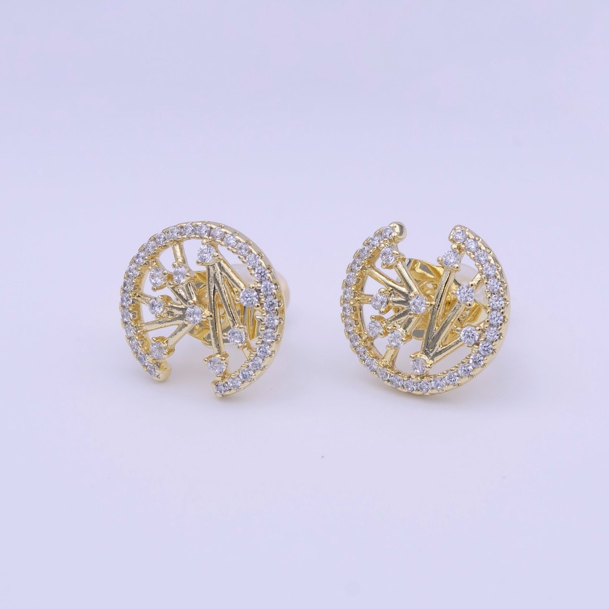 Gold Filled Abstract Bar Open Round Micro Paved CZ Stud Earrings | Y-224 - DLUXCA