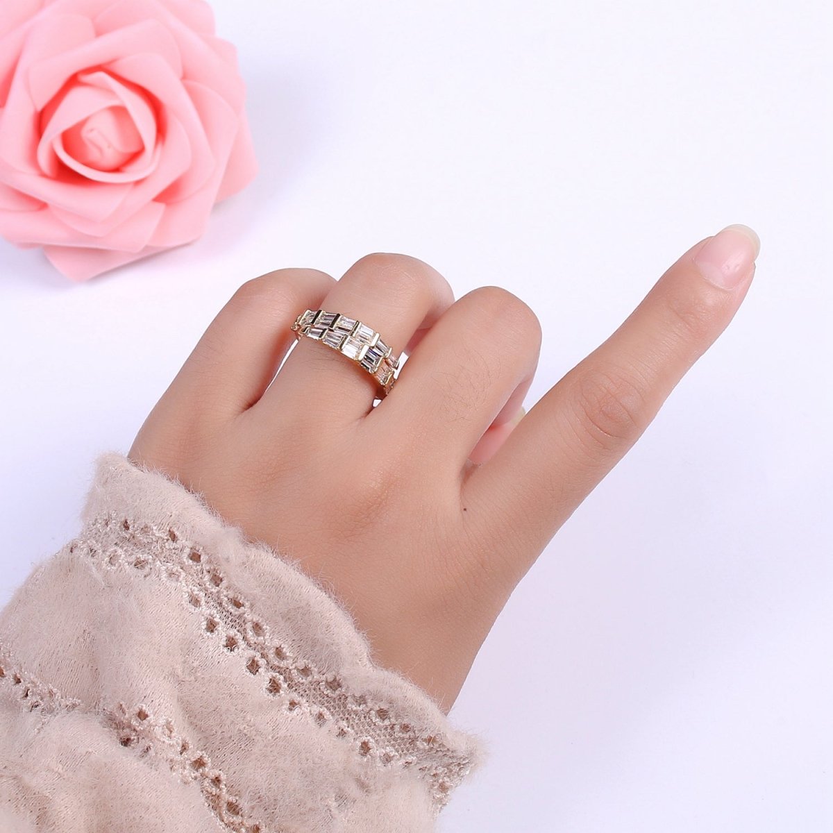 Gold Filled Baguette CZ Stacking Ring, Wrap Baguette Eternity Ring, Gold Stackable Ring Clear Minimalist Ring U-128 - DLUXCA