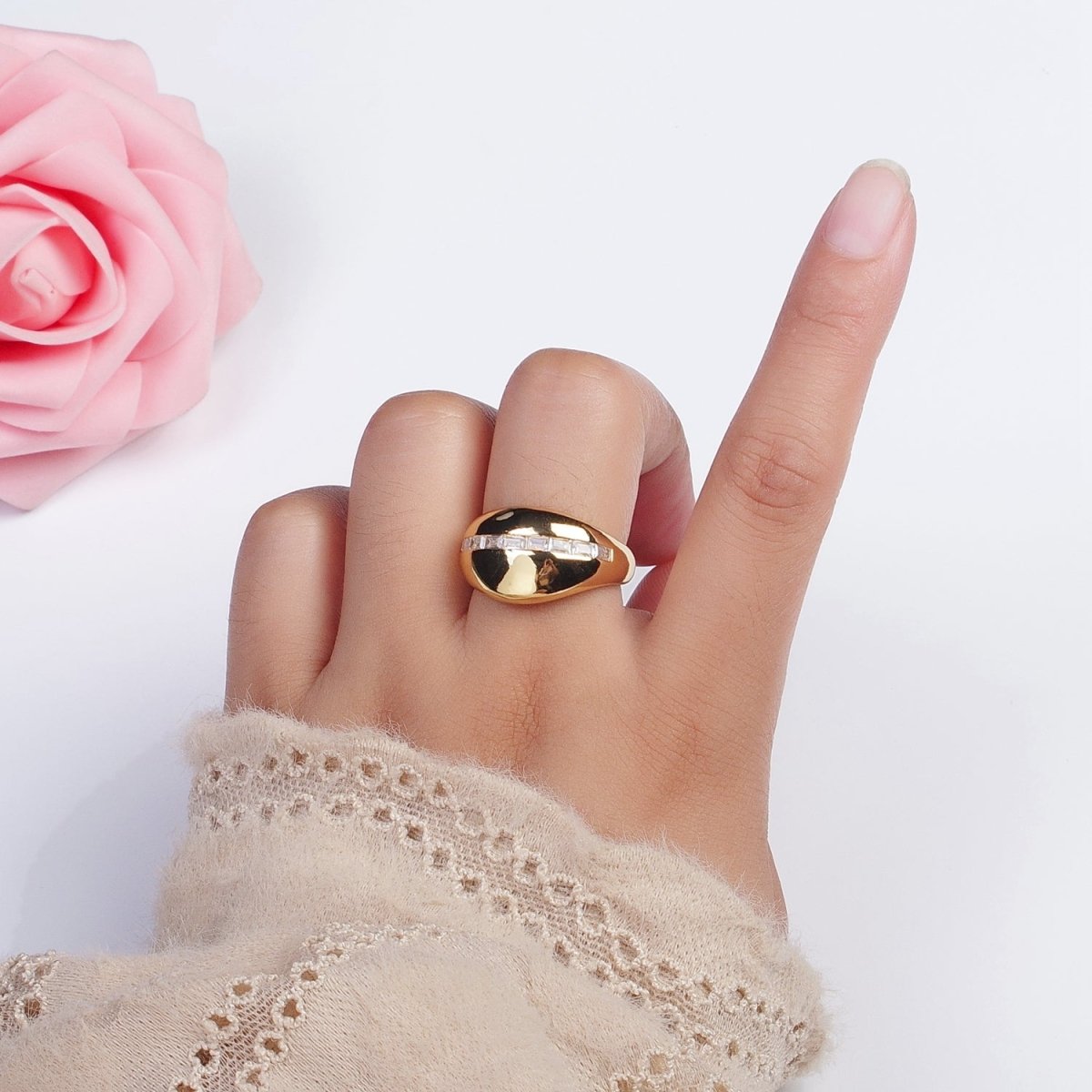 Gold Filled Baguette Lined Chunky Dome Ring in Gold & Silver | Y-388 Y-389 - DLUXCA
