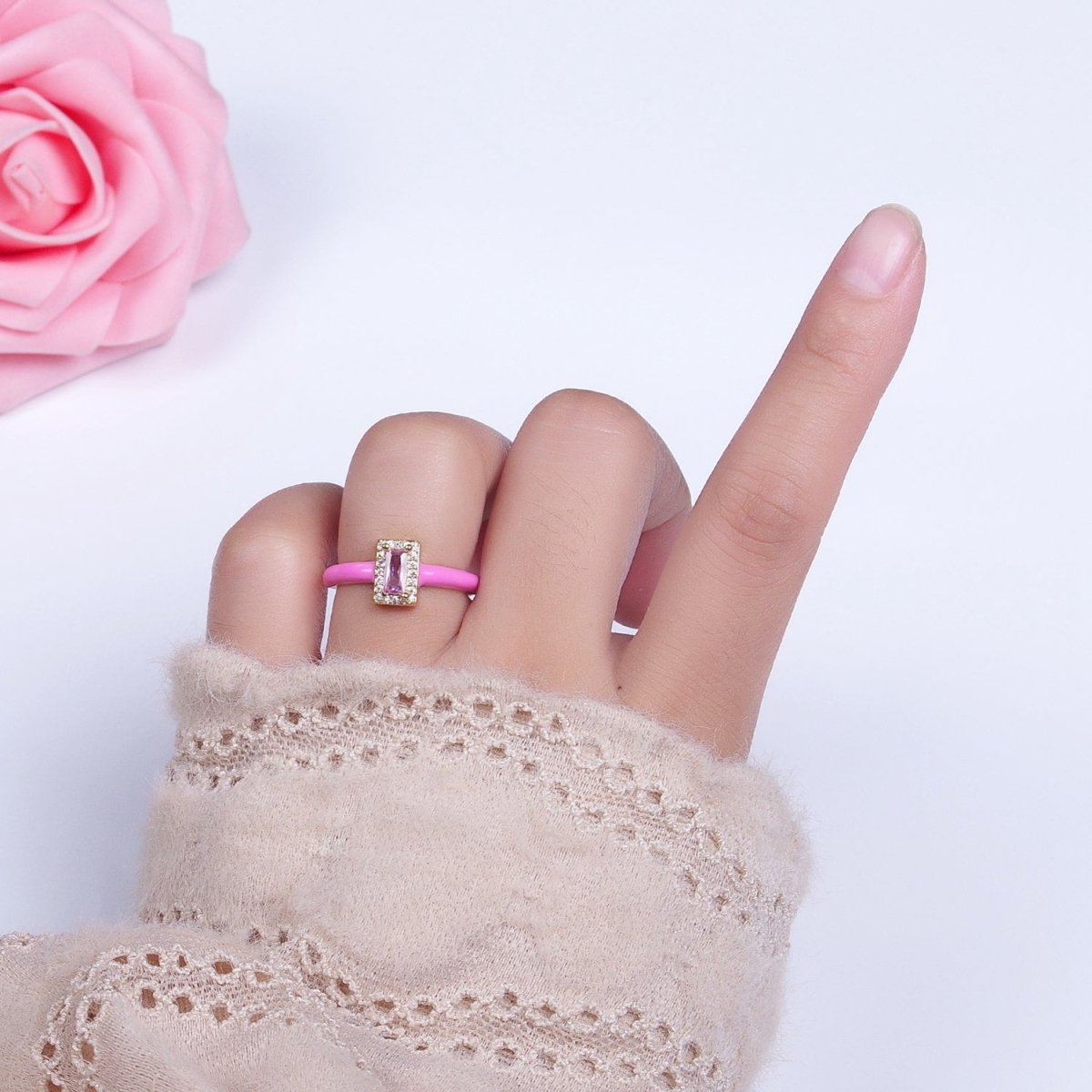 Gold Filled Barbiecore Baguette Green, White, Pink Micro Paved Enamel Adjustable Ring | Y-349~Y-351 - DLUXCA
