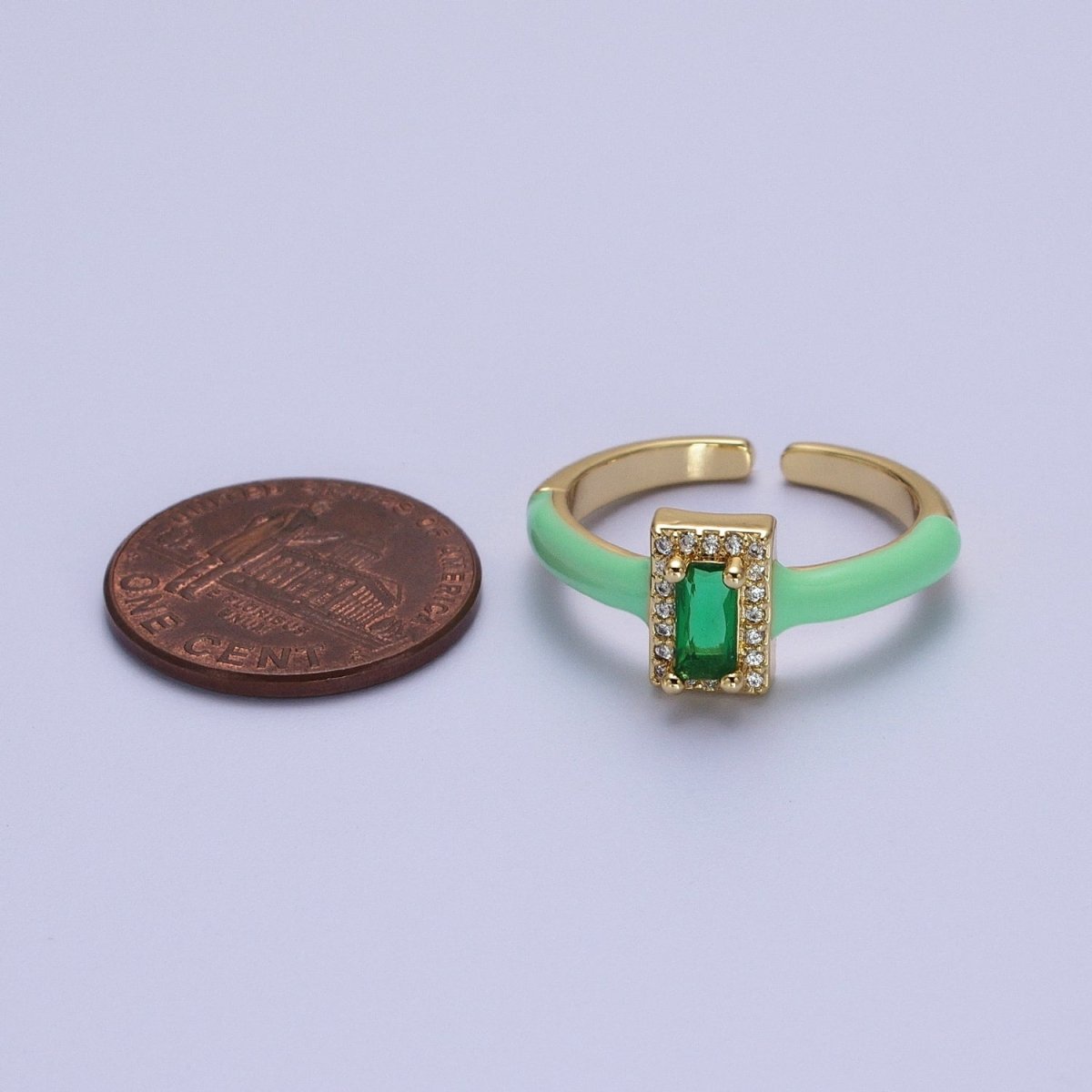 Gold Filled Barbiecore Baguette Green, White, Pink Micro Paved Enamel Adjustable Ring | Y-349~Y-351 - DLUXCA