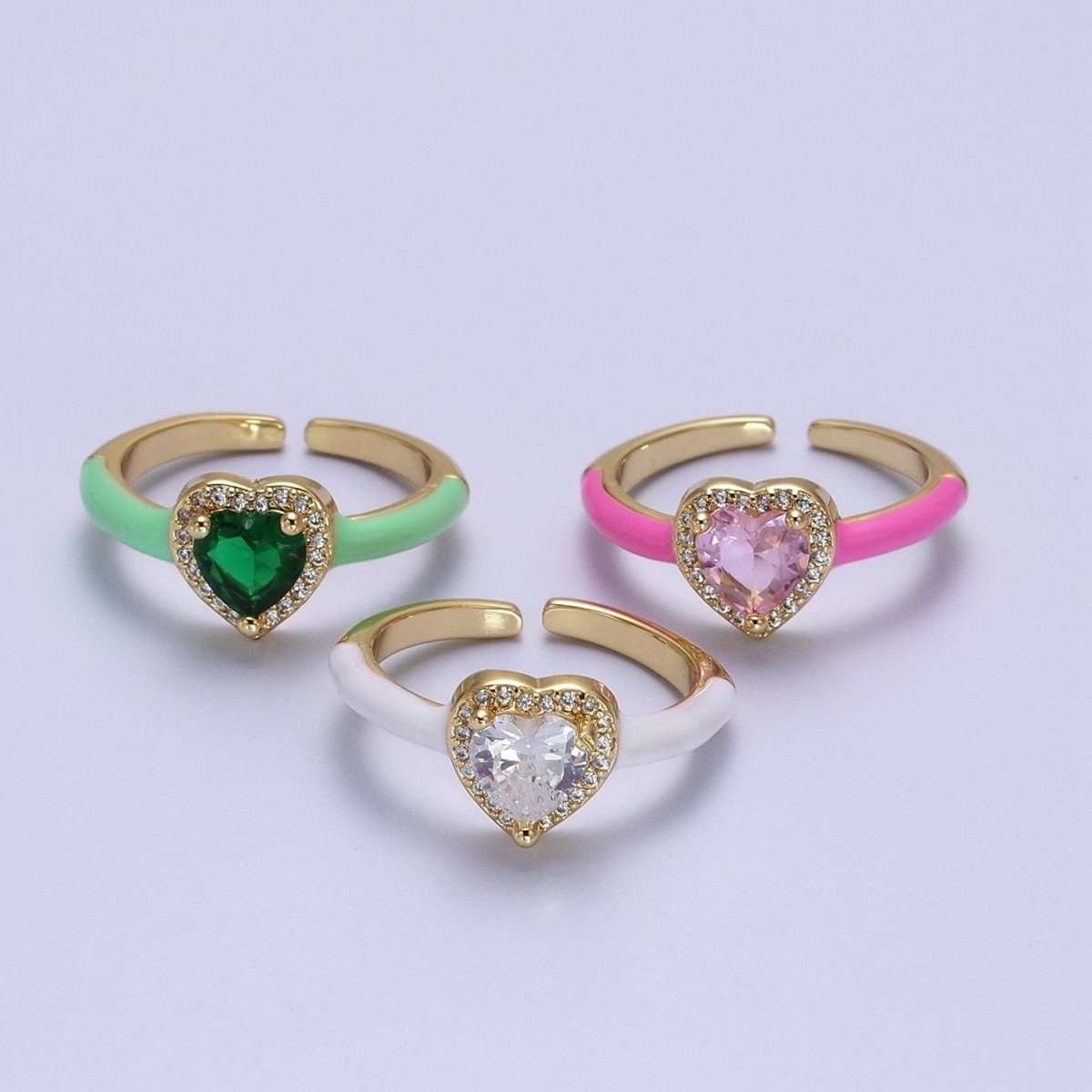 Gold Filled Barbiecore Heart Green, White, Pink Micro Paved Enamel Adjustable Ring | Y-346~Y-348 - DLUXCA