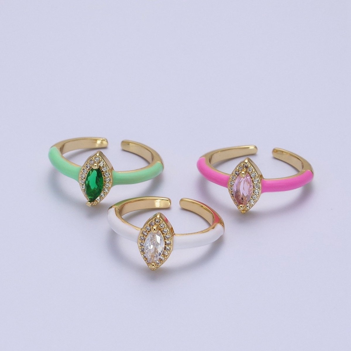 Gold Filled Barbiecore Marquise Green, White, Pink Micro Paved Enamel Adjustable Ring | Y-355~Y-357 - DLUXCA