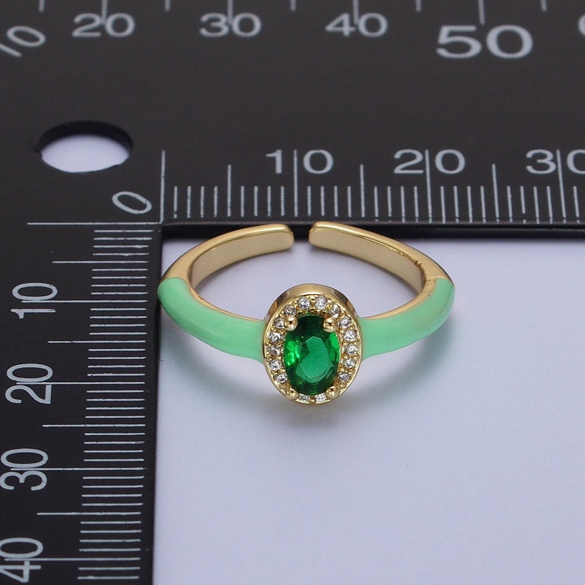 Gold Filled Barbiecore Oval Green, White, Pink Micro Paved Enamel Adjustable Ring | Y-352~Y-354 - DLUXCA