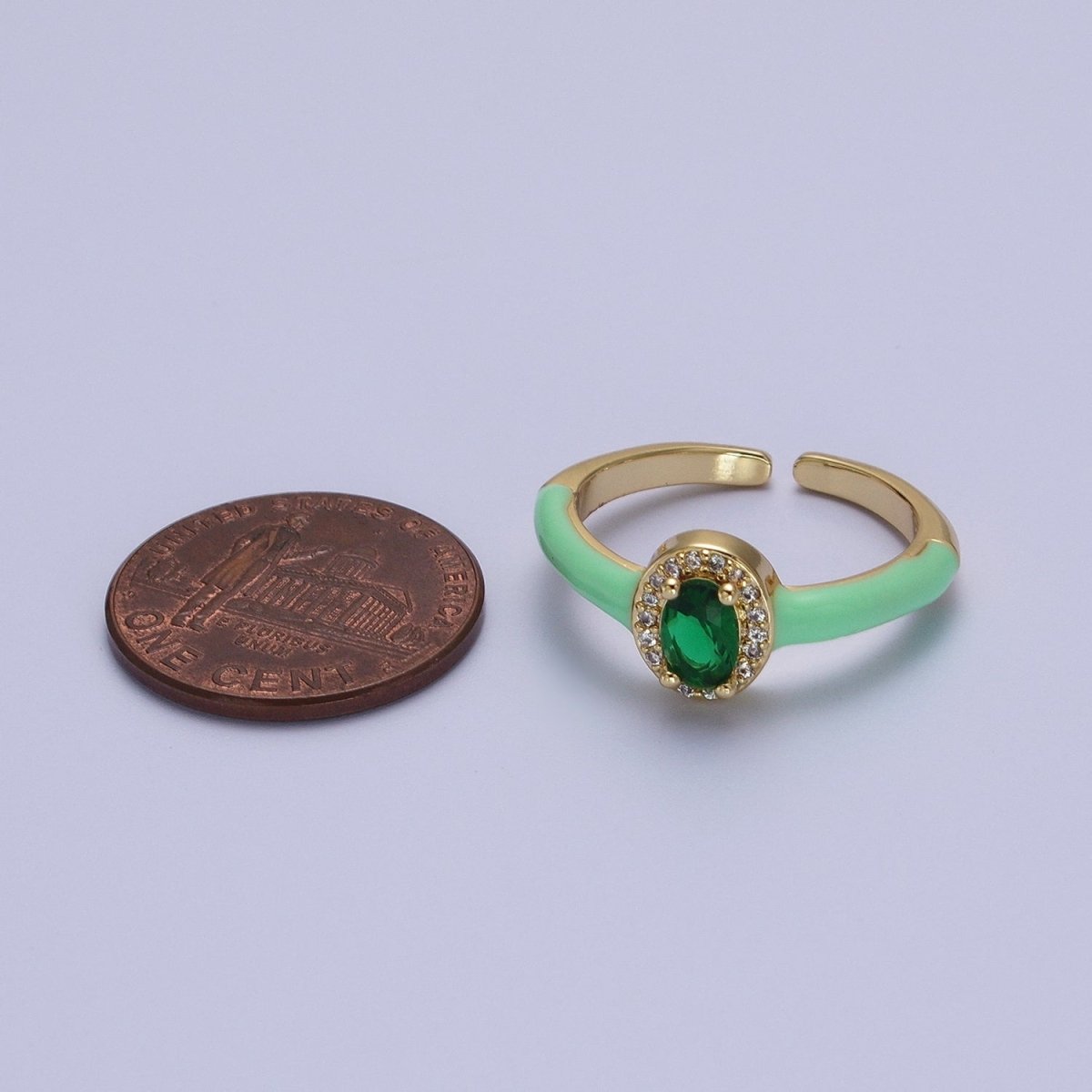 Gold Filled Barbiecore Oval Green, White, Pink Micro Paved Enamel Adjustable Ring | Y-352~Y-354 - DLUXCA