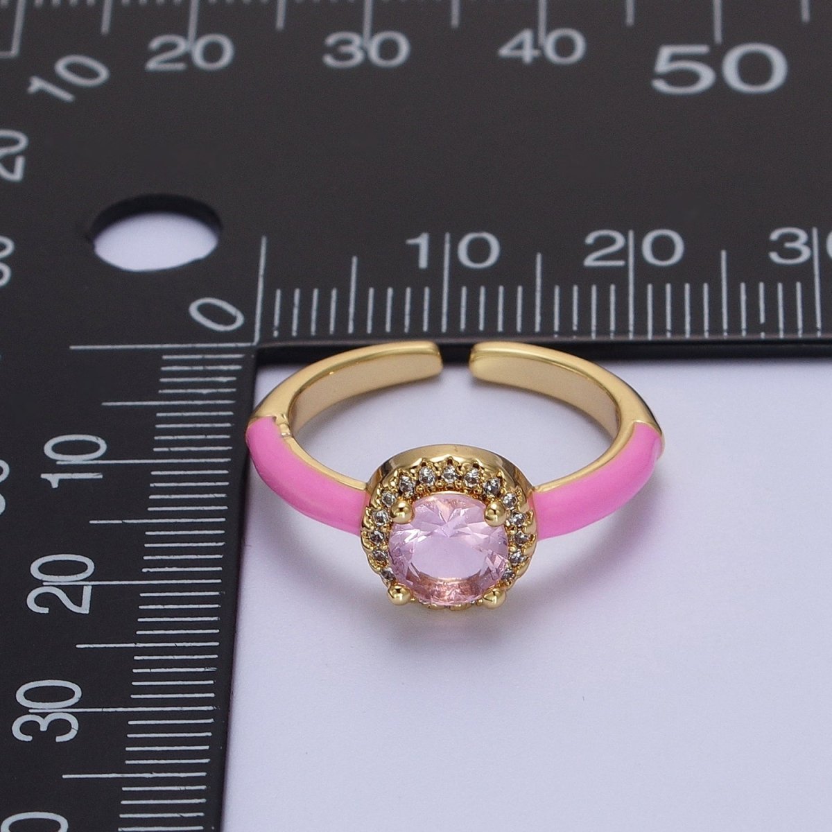 Gold Filled Barbiecore Round Green, White, Pink Micro Paved Enamel Adjustable Ring | Y-343~Y-345 - DLUXCA