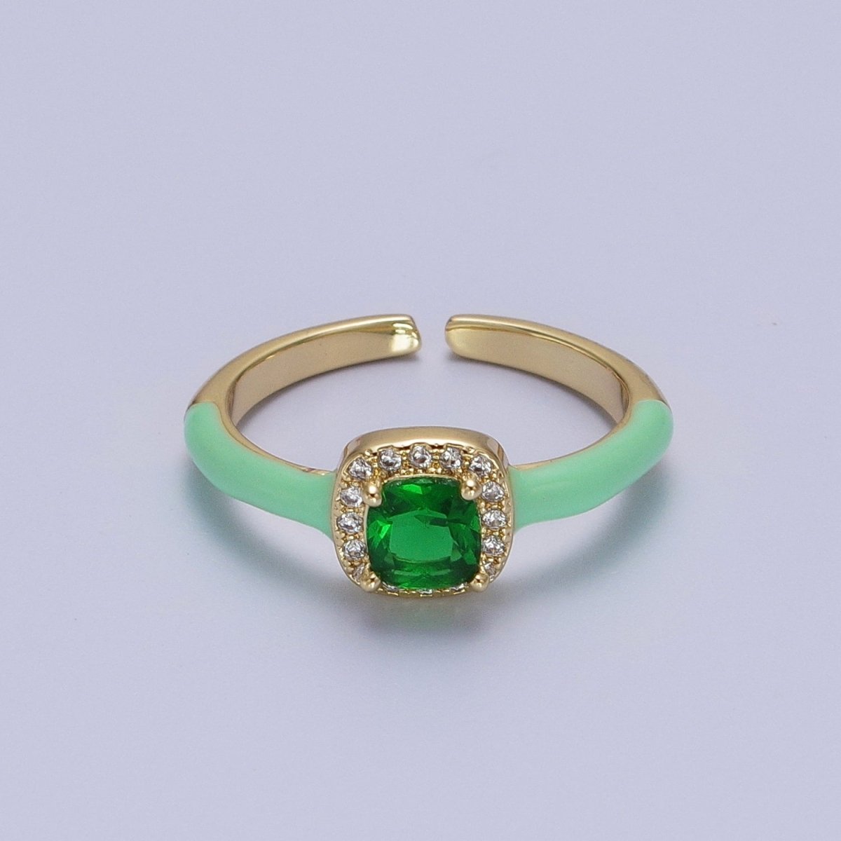 Gold Filled Barbiecore Square Green, White, Pink Micro Paved Enamel Adjustable Ring | Y-340~Y-342 - DLUXCA