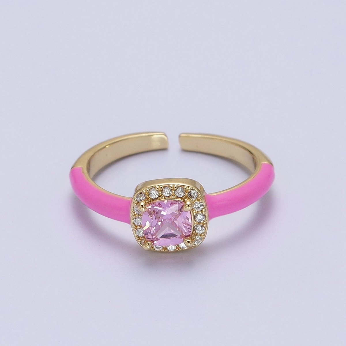 Gold Filled Barbiecore Square Green, White, Pink Micro Paved Enamel Adjustable Ring | Y-340~Y-342 - DLUXCA