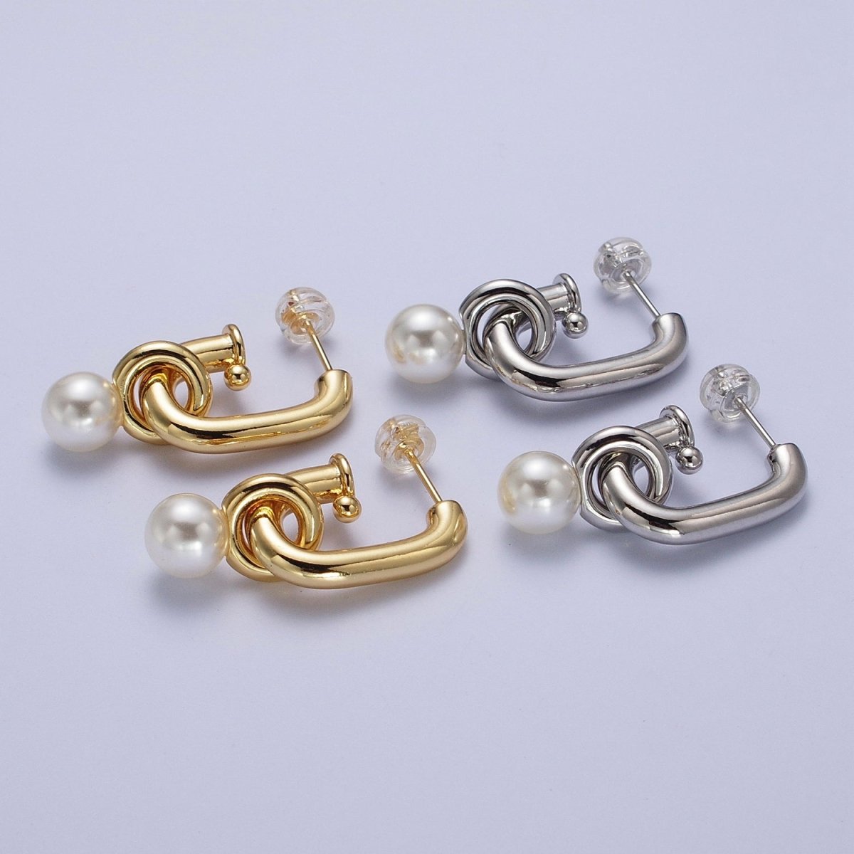 Gold Filled Boxy J-Shaped Round Pearl Drop Hoop Earrings in Gold & Silver | Y-260 Y-261 - DLUXCA