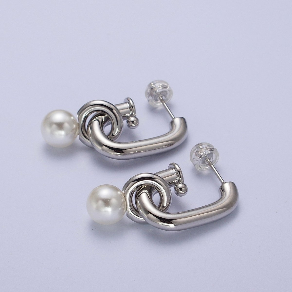 Gold Filled Boxy J-Shaped Round Pearl Drop Hoop Earrings in Gold & Silver | Y-260 Y-261 - DLUXCA
