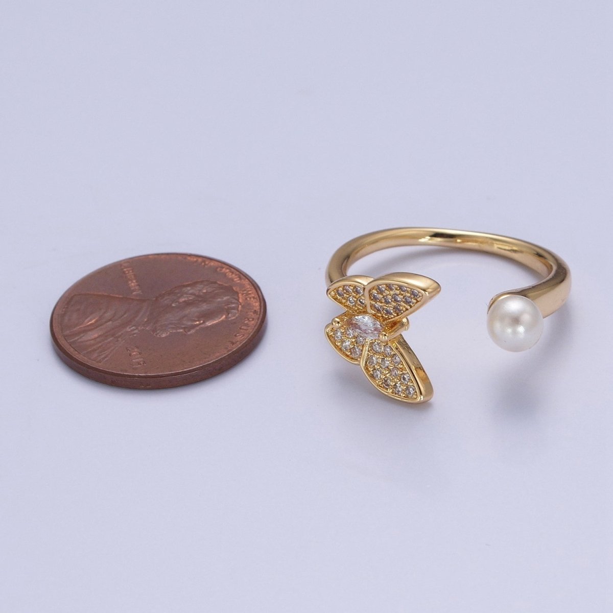 Gold Filled butterfly ring Pearl butterfly rin, stackable adjustable ring, dainty ring O-2139 - DLUXCA