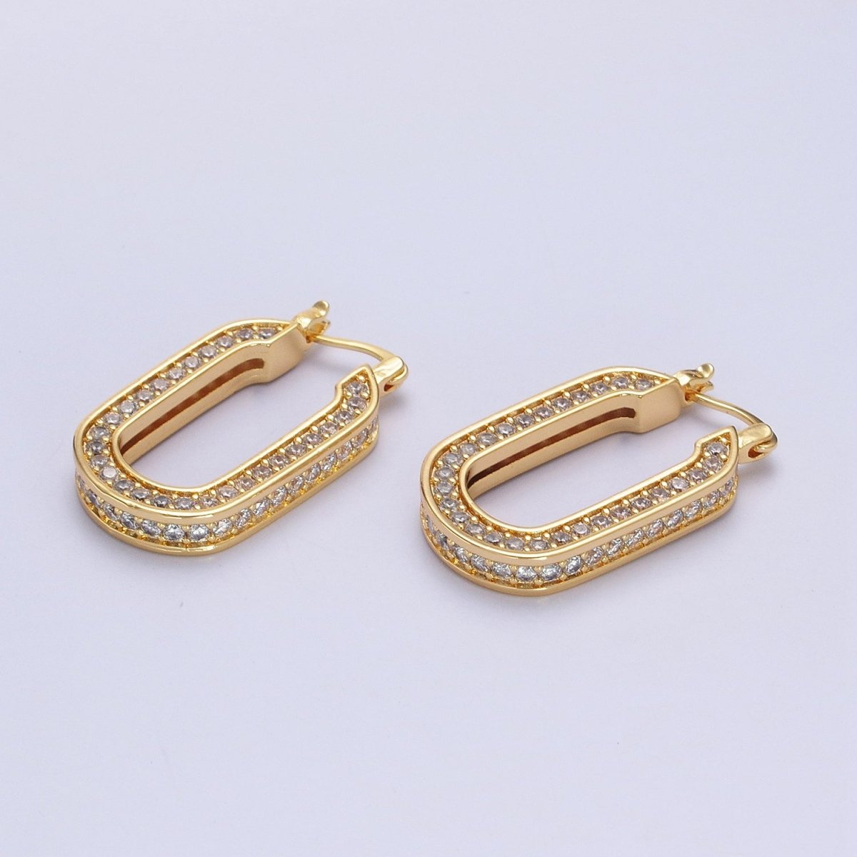 Gold Filled Clear CZ Lined 31.5mm Oblong U-Shaped Latch Earrings in Gold & Silver | AB077 AB078 - DLUXCA
