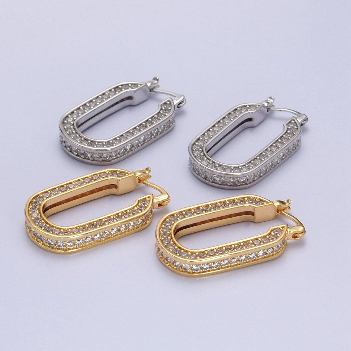 Gold Filled Clear CZ Lined 31.5mm Oblong U-Shaped Latch Earrings in Gold & Silver | AB077 AB078 - DLUXCA