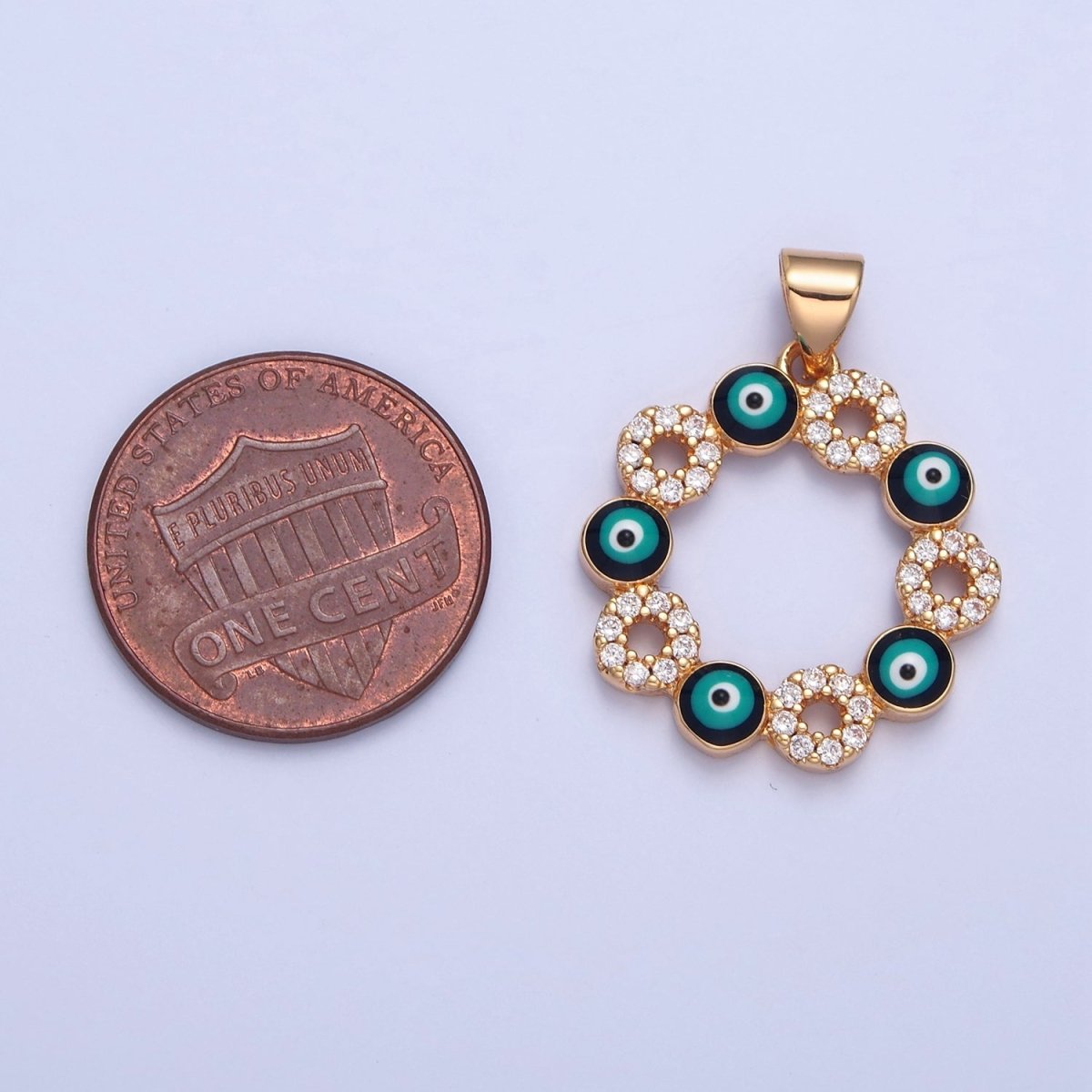 Gold Filled Clear Micro Pave CZ & Evil Eye Enamel Protection Eye of Ra Flower Pendant H-068 - DLUXCA