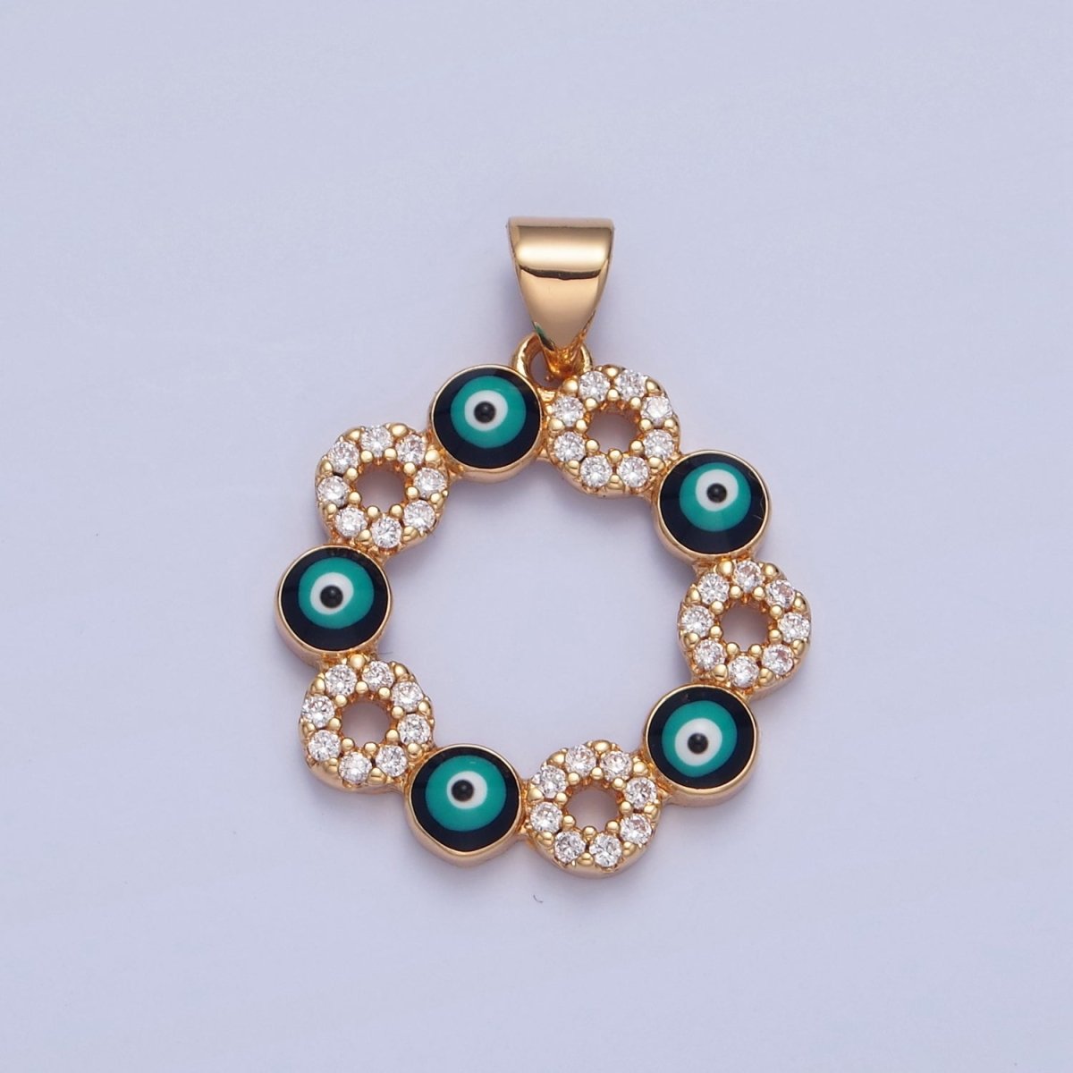 Gold Filled Clear Micro Pave CZ & Evil Eye Enamel Protection Eye of Ra Flower Pendant H-068 - DLUXCA