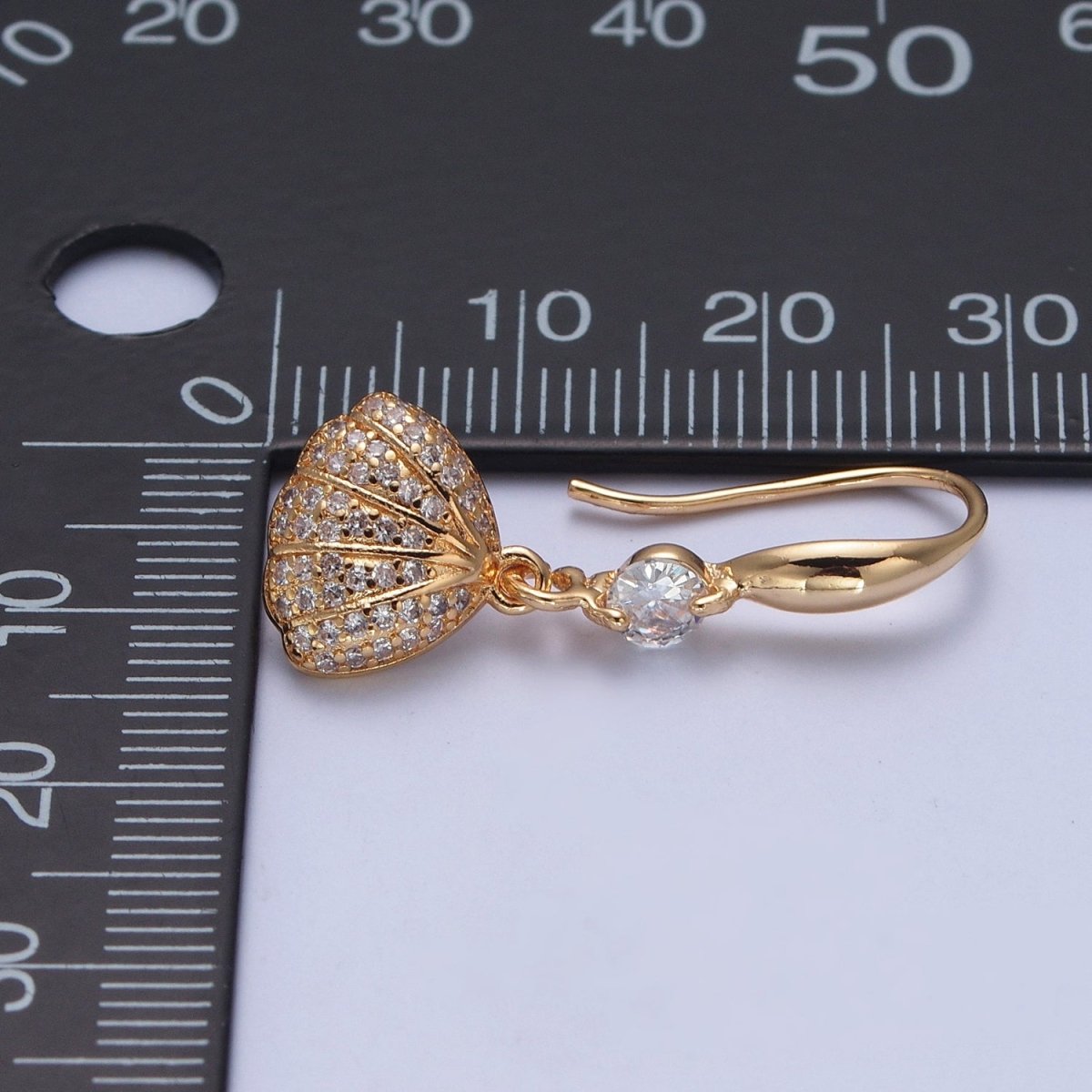 Gold Filled Clear Micro Pave Seashell Clam Charm Dangle Round Cubic Zirconia French Hook Earrings T-026 - DLUXCA