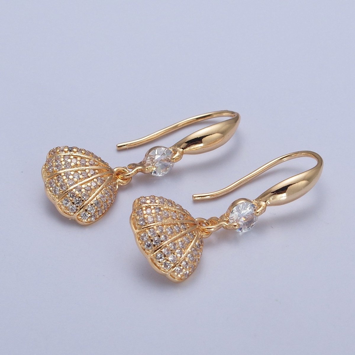 Gold Filled Clear Micro Pave Seashell Clam Charm Dangle Round Cubic Zirconia French Hook Earrings T-026 - DLUXCA