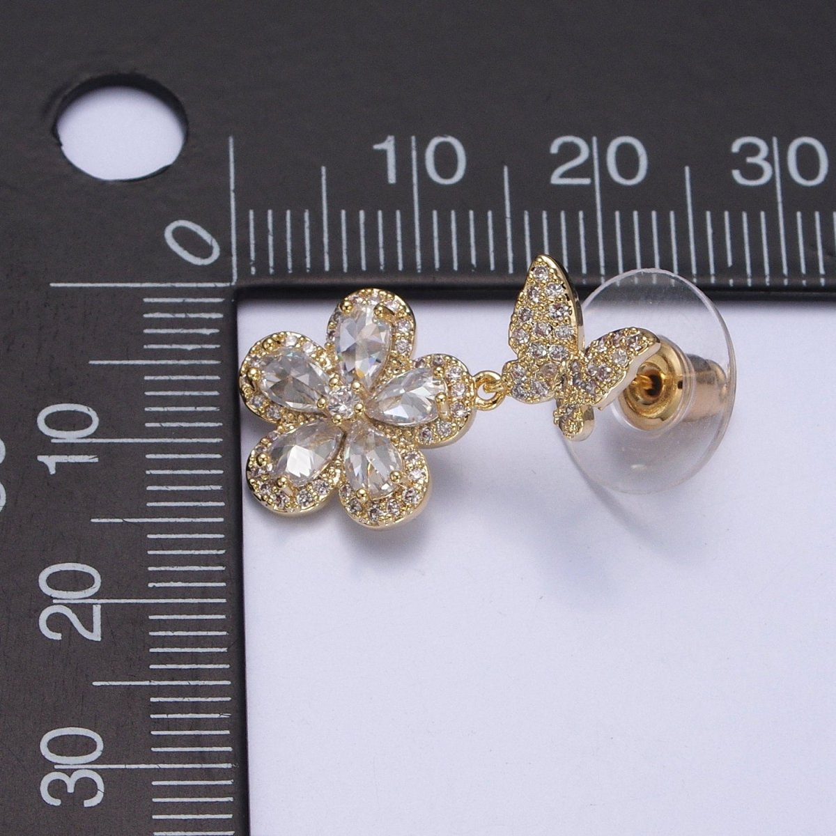 Gold Filled Clear Micro Paved CZ Butterfly Stud Flower Dangle Earrings in Gold & Silver | AB197 AB198 - DLUXCA