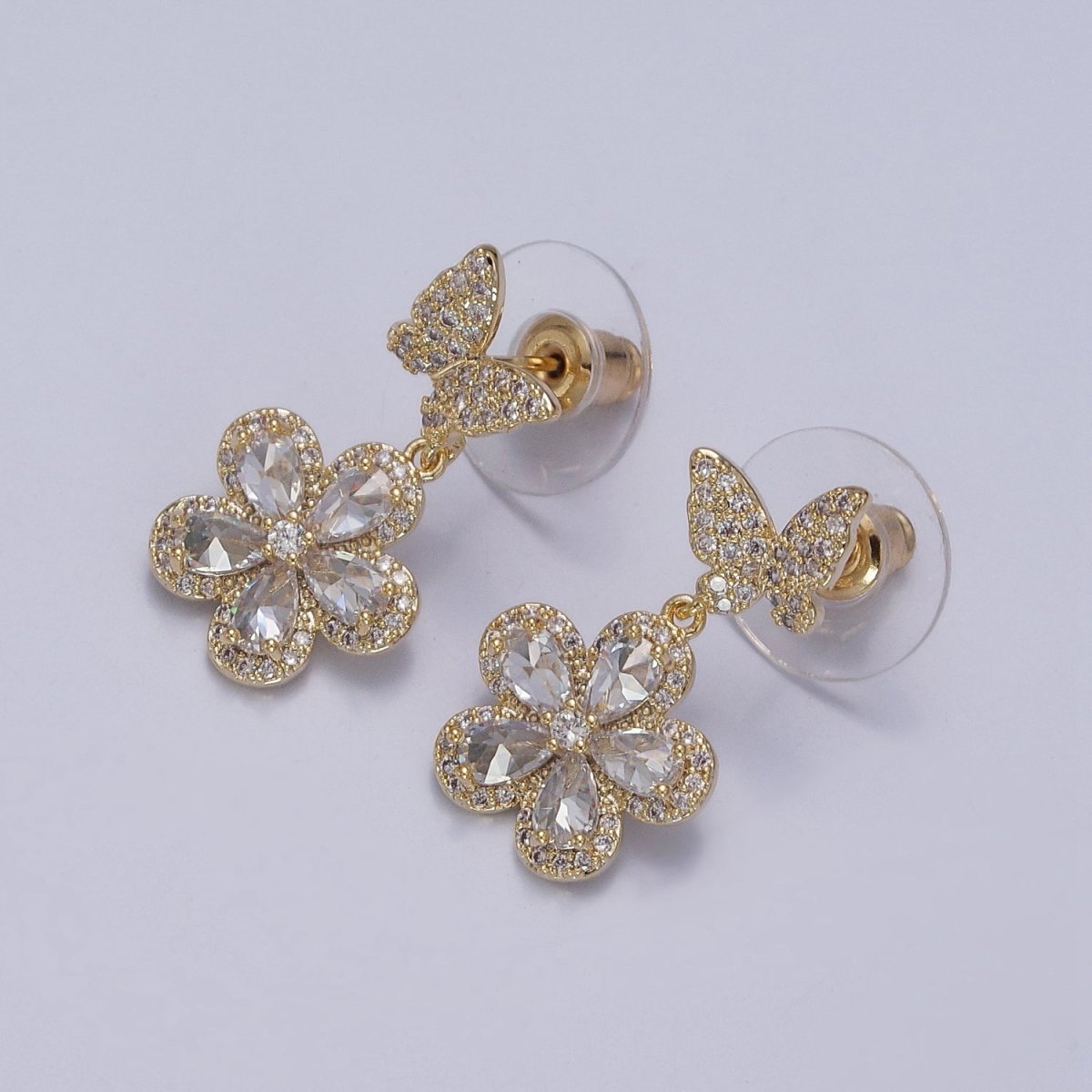 Gold Filled Clear Micro Paved CZ Butterfly Stud Flower Dangle Earrings in Gold & Silver | AB197 AB198 - DLUXCA