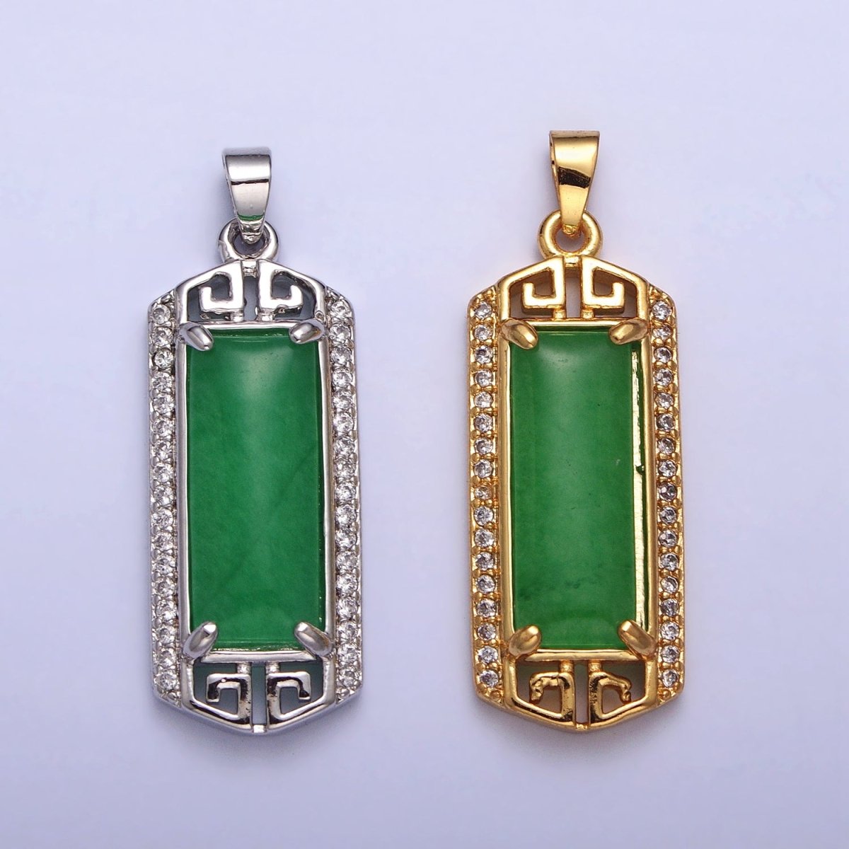 Gold Filled Clear Micro Paved CZ Green Jade Bar Pendant in Gold & Silver | AA097 AA098 - DLUXCA