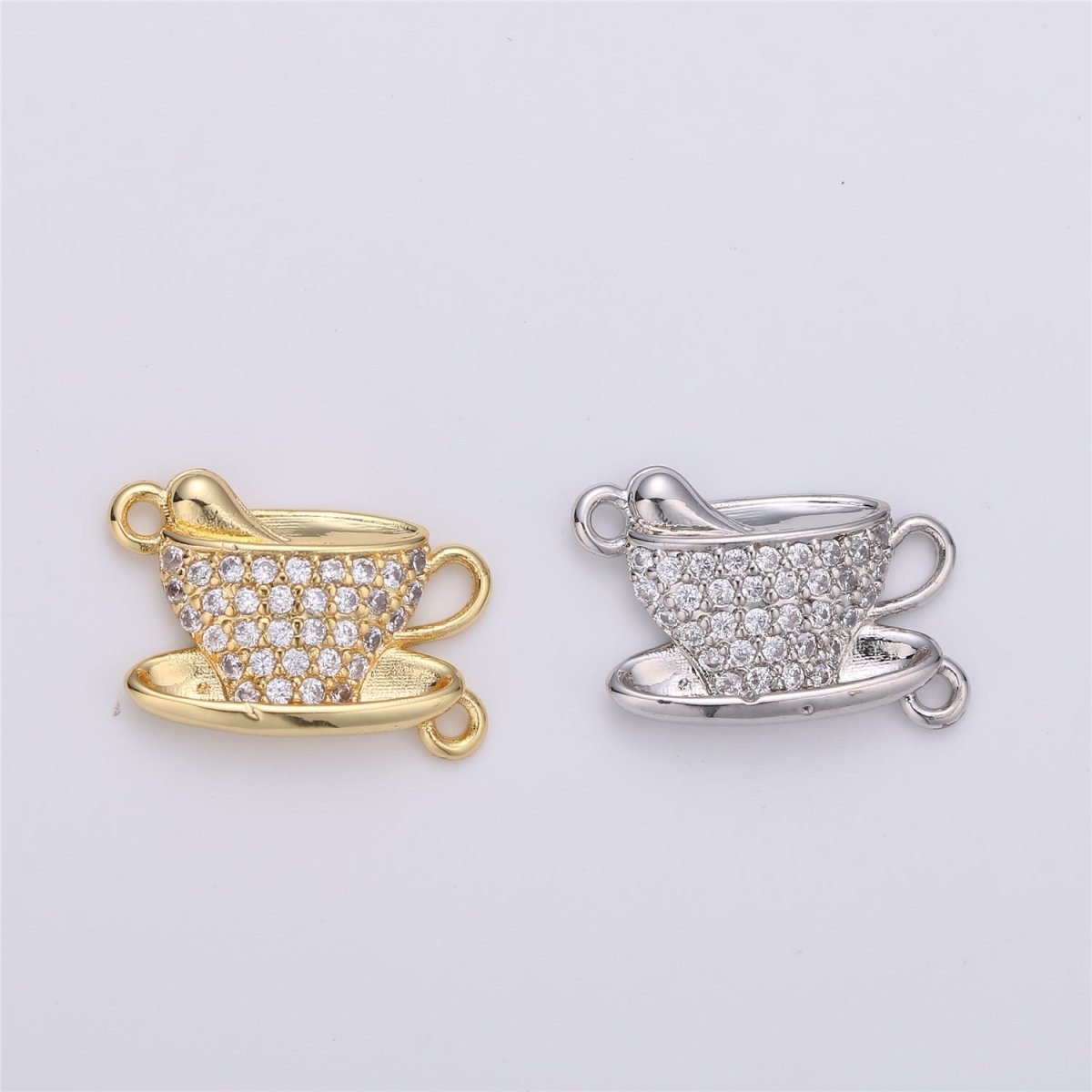 Gold Filled Coffee Tea Cup Micro Pave Connector Charm, Cubic Zirconia Pendant Charm, For DIY Jewelry, Gold Silver Color Option F-367 F-368 - DLUXCA