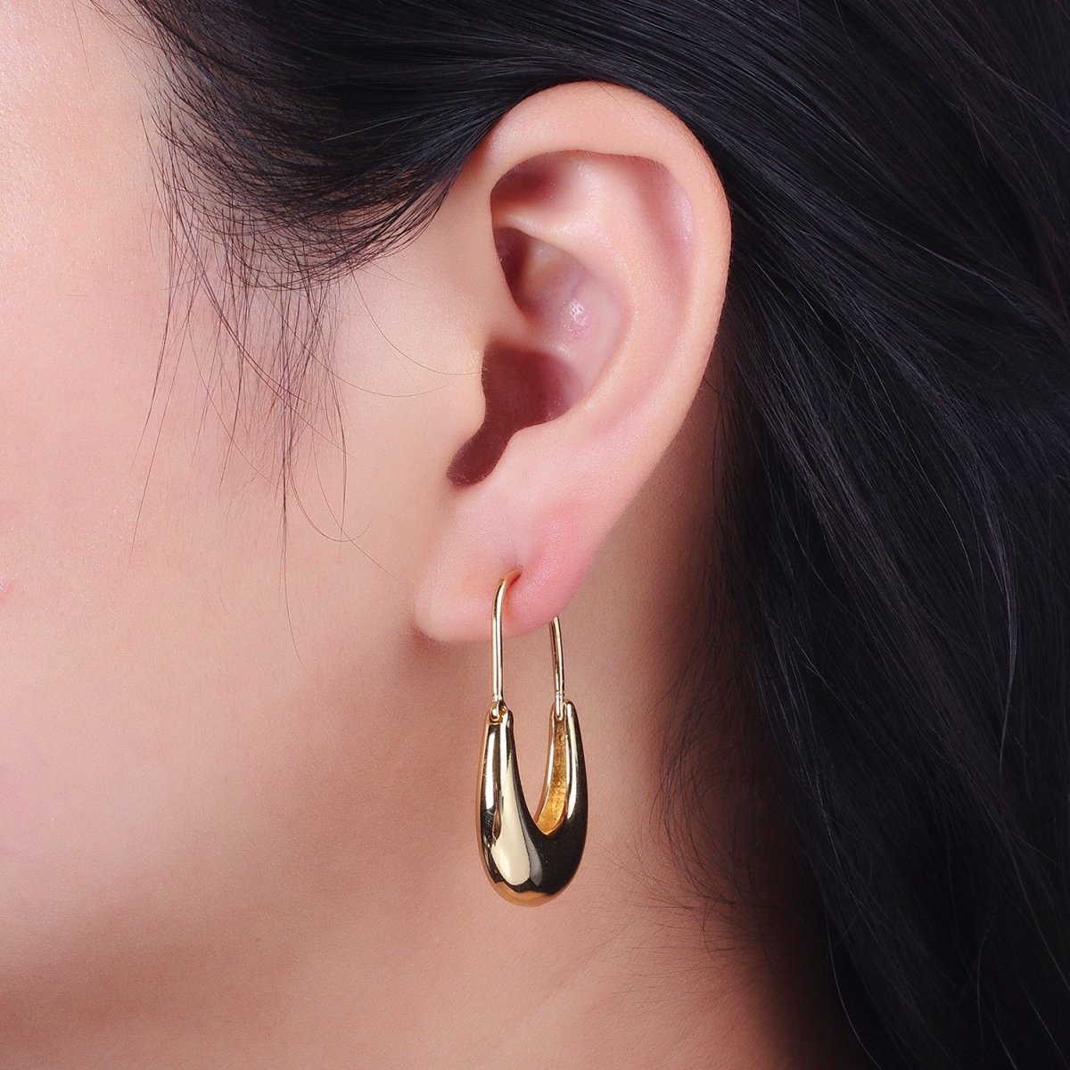 Gold Filled Crescent U Hoop Chubby Dome Hook Earrings in Gold & Silver | Y-258 Y-269 - DLUXCA