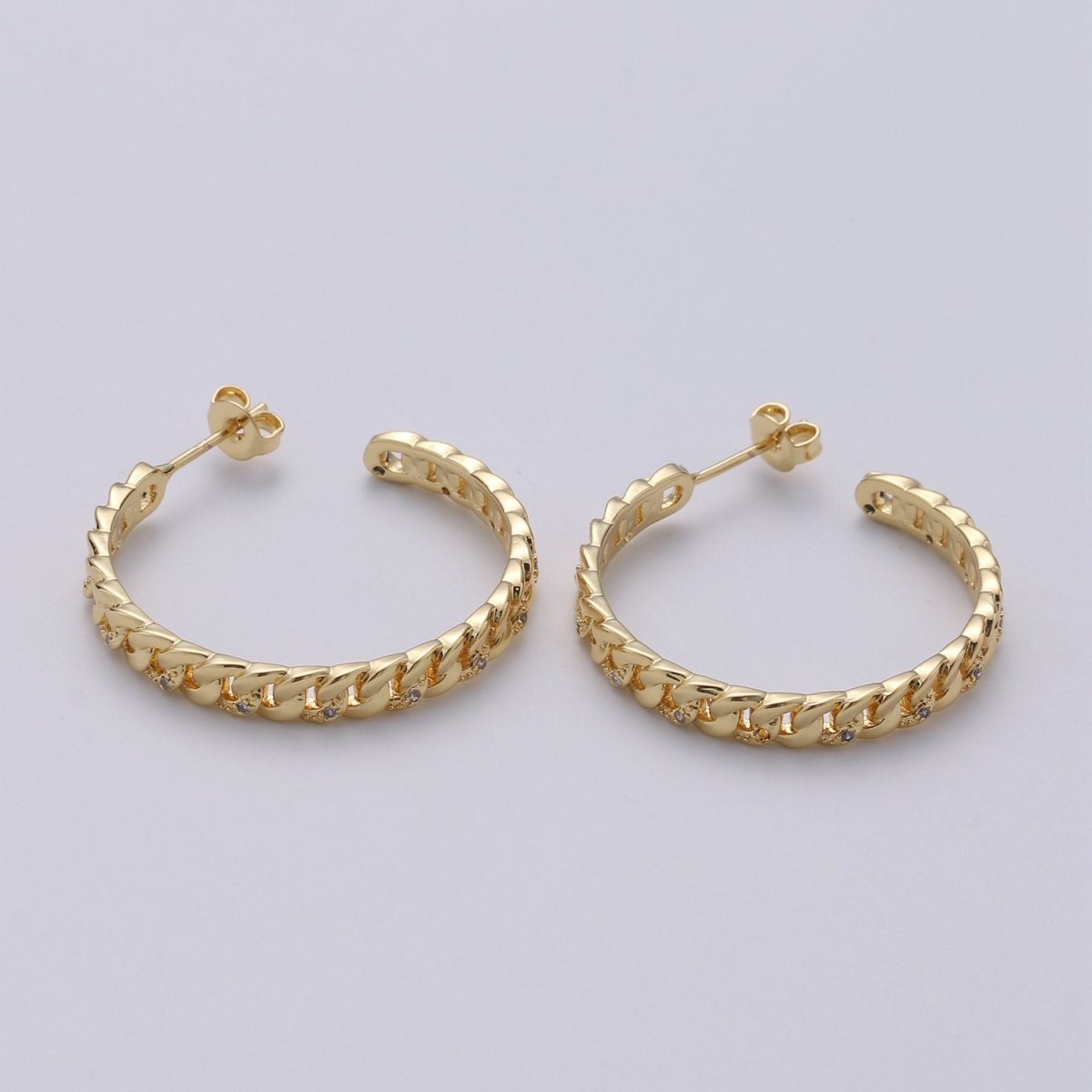 Gold Filled Curb Chain Link 30mm C Shaped Hoop Stud Earrings in Gold & Silver Q-191 Q-192 - DLUXCA