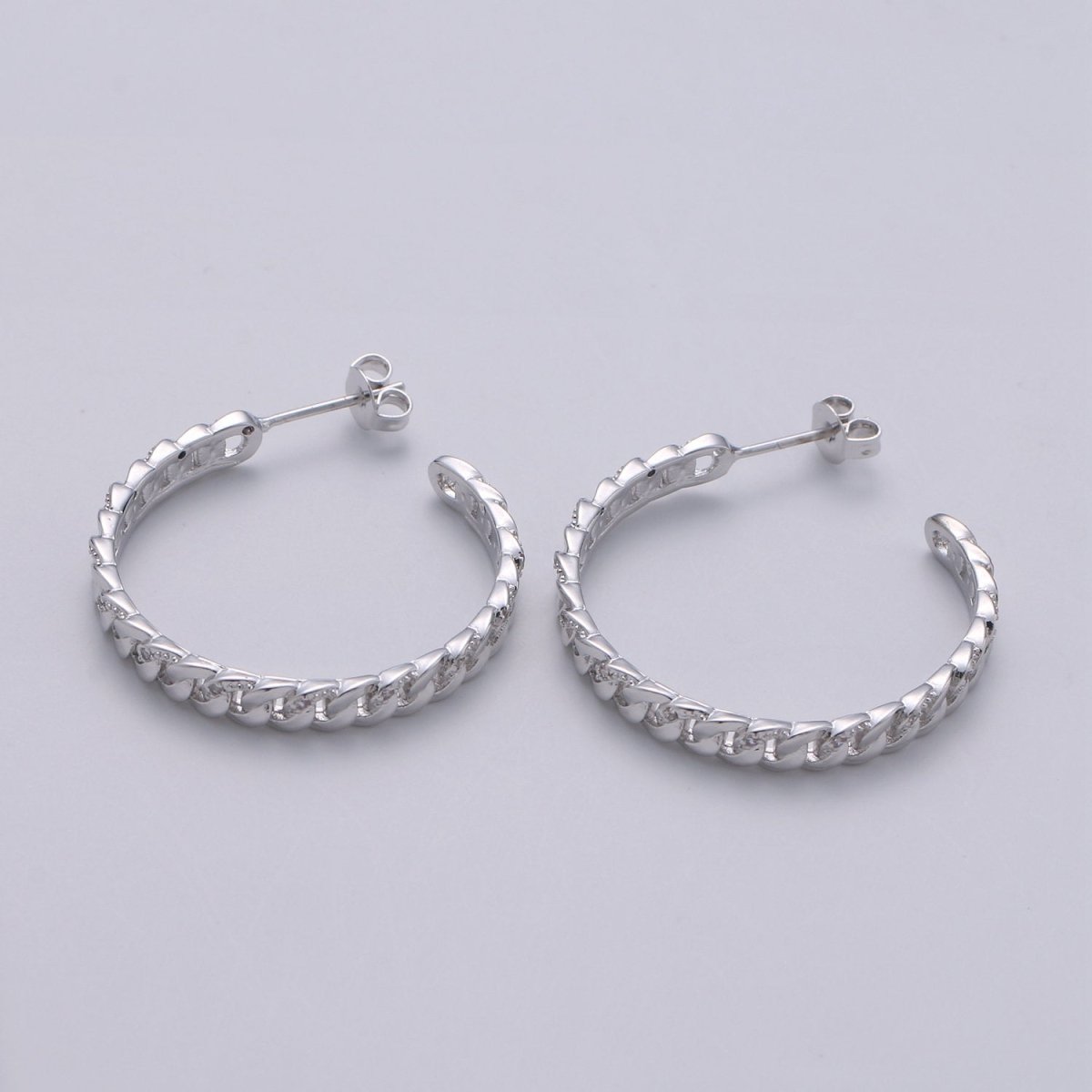 Gold Filled Curb Chain Link 30mm C Shaped Hoop Stud Earrings in Gold & Silver Q-191 Q-192 - DLUXCA