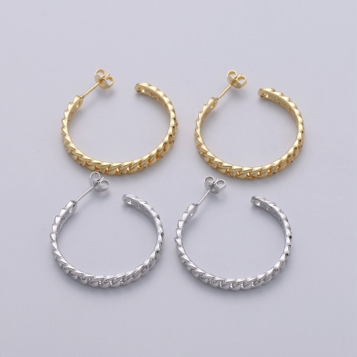 Gold Filled Curb Chain Link 30mm C Shaped Hoop Stud Earrings in Gold & Silver Q-191 Q-192 - DLUXCA